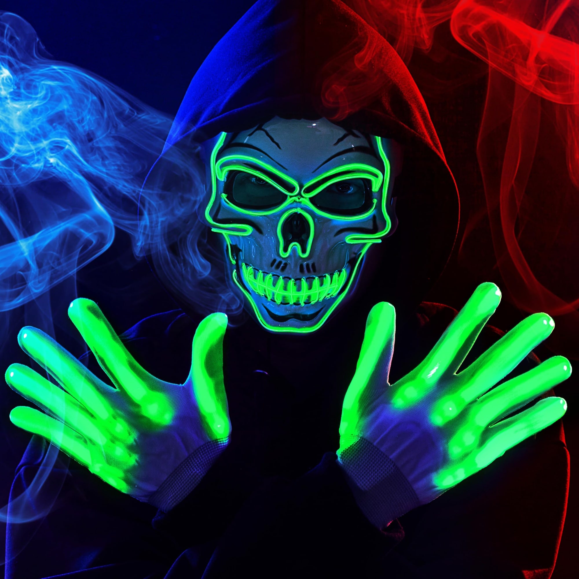 Wudkey Blue LED Light Up Skull Mask with Gloves Halloween Costume Party