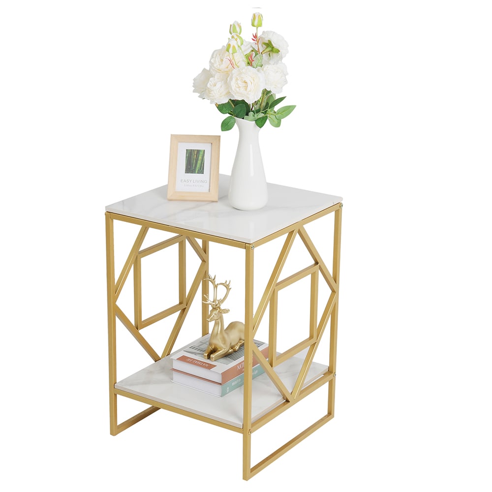LUVODI JJ-XZ216-GD 15.74-Inches W x 22.8-Inches H White Stone Square Modern End Table with Storage Assembly Required