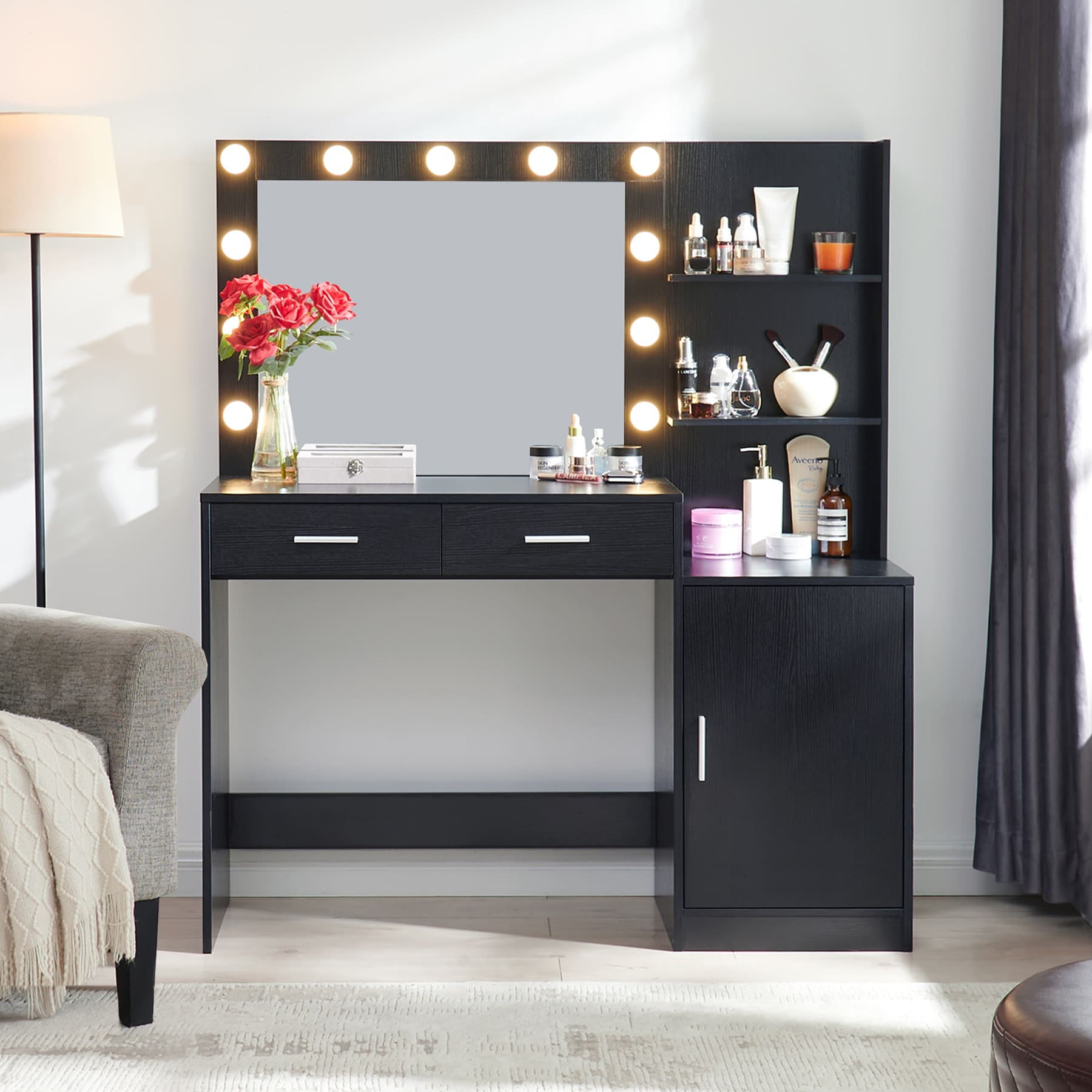 LOVMOR SF-M-W2386P200053 Vanity Desk with Mirror and Lights 46.4IN Dressing Table with 2 Large Drawer Large Vertical Organizer 3 Level Dresser 3 Lighting Black