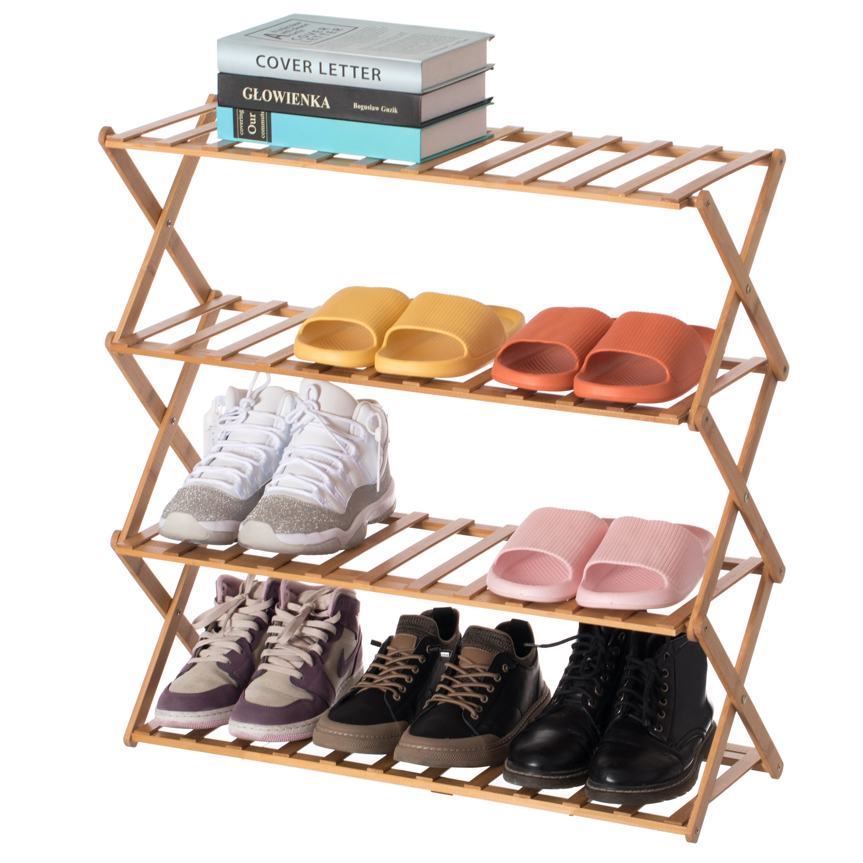 Basicwise 26-in H 4 Tier 12 pair Brown Wood Shoe rack