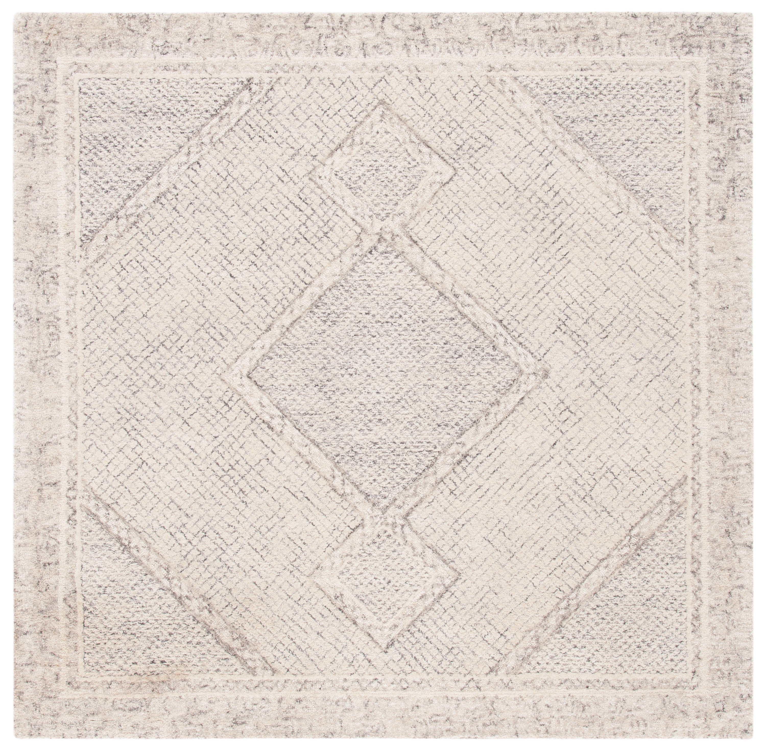 Ivory & Grey Abstract Hand-Tufted Wool Square Rug - 4' x 4'