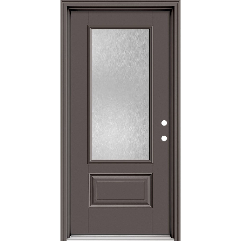 Masonite 630662 Performance Door System 32-in x 80-in x 4-9/16-in Fiberglass 3/4 lite Left-hand inswing Timber Gray Painted Prehung Front Door with Brickmould Insulating core