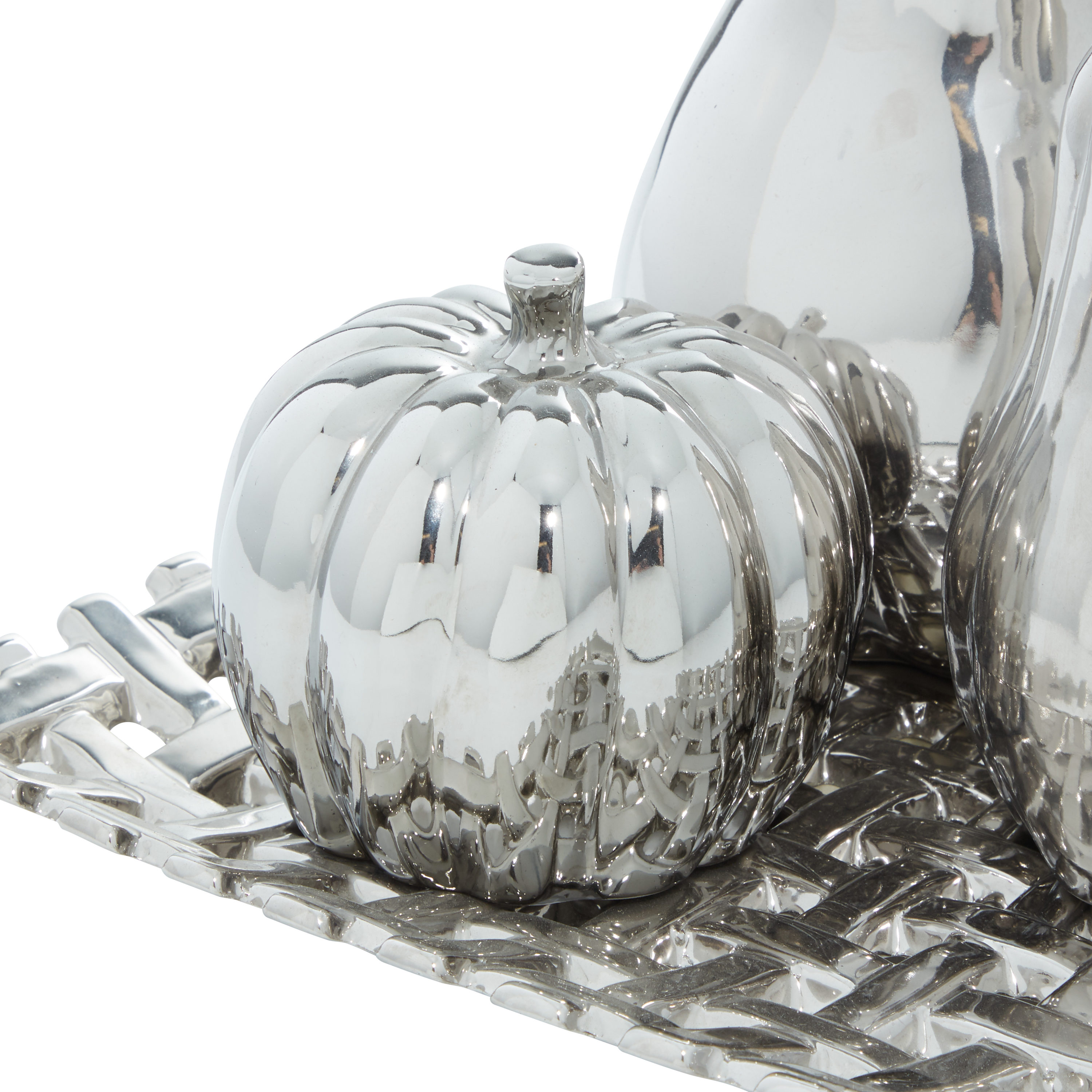Silver Ceramic Fall Fruit Sculpture Set with Decorative Grid Plate