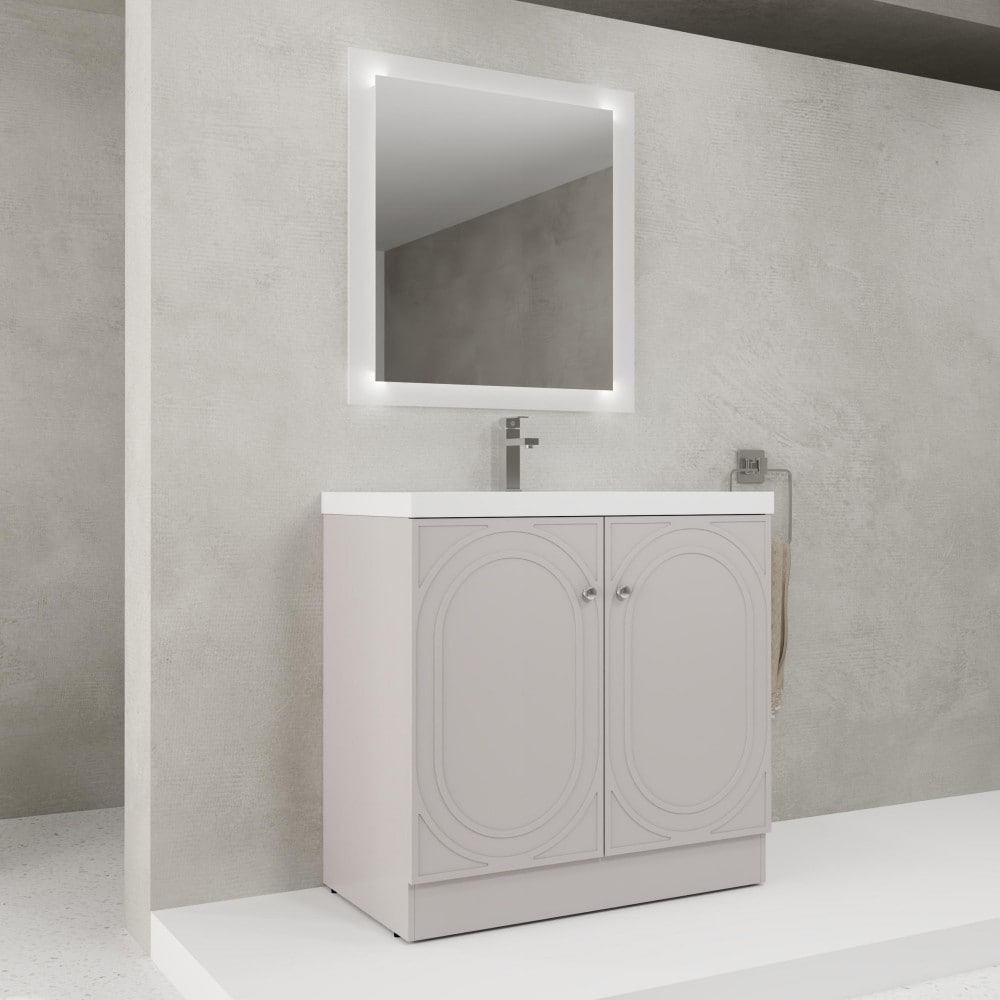Basdien 35 in Light Gray Freestanding Bathroom Vanity With White Resin Sink and Soft Closing Doors Modern Plywood Construction Adjustable Shelf Ample Storage Space 2 Package Included Faucet Drain Pop Up Back Splash Mounting Bracket Not Include