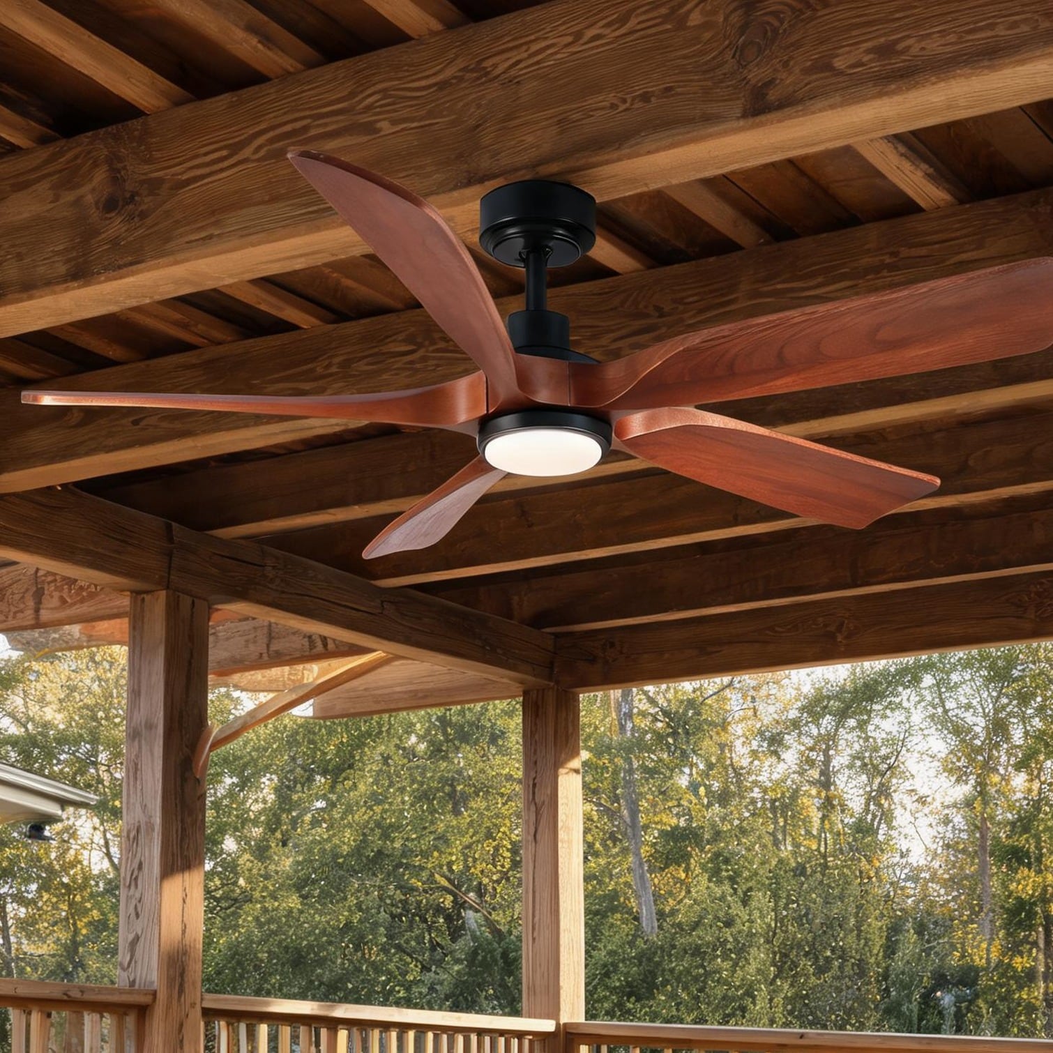 SunJet 60-Inch Indoor Ceiling Fan with Light Jet Black Mahogany Wood Blades Dimmable LED Remote Control 6 Speeds