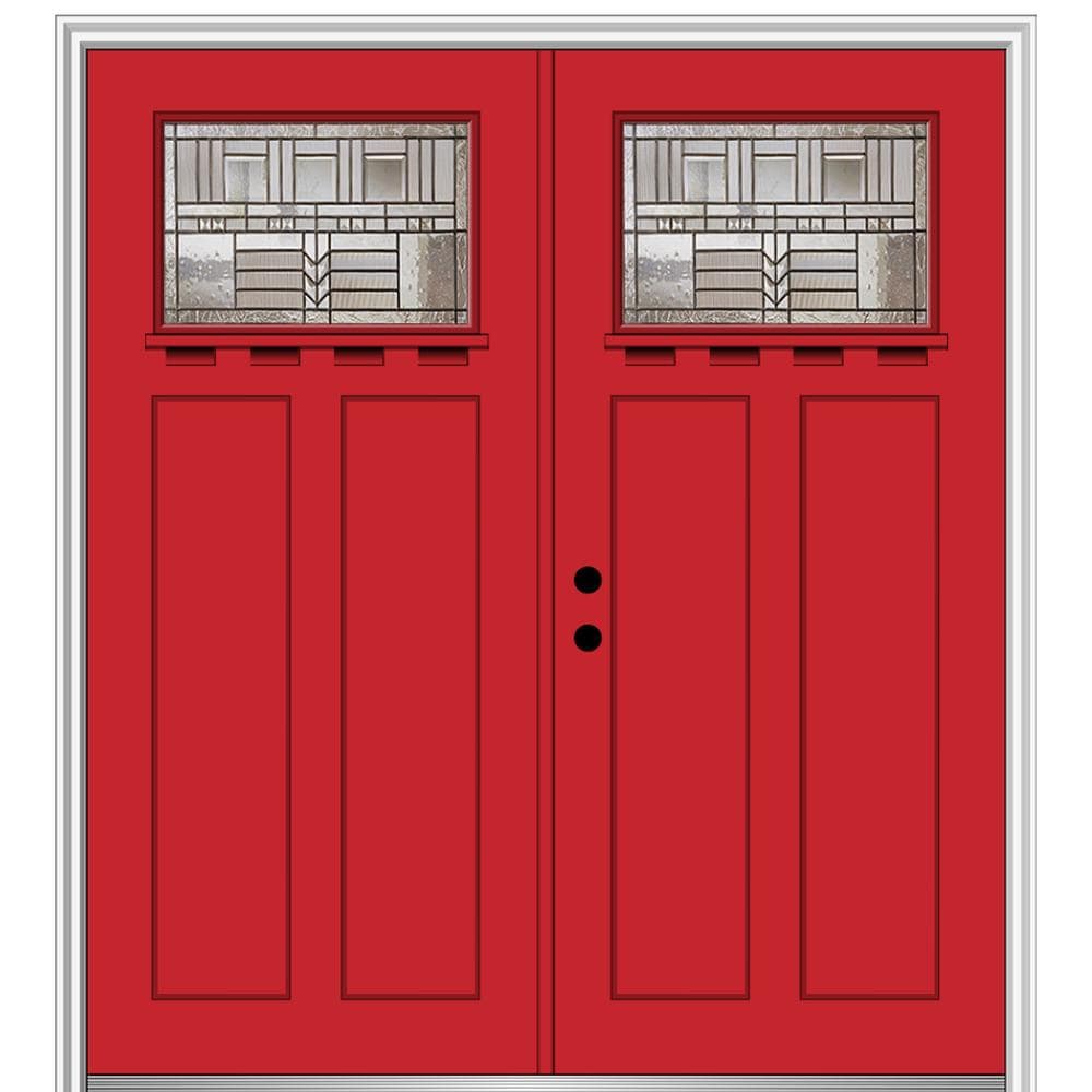 MMI DOOR ZZ3665014R 72-in x 80-in x 4-9/16-in Fiberglass Craftsman Right-hand inswing Red Saffron Painted Prehung Double Front Door with Brickmould Insulating core