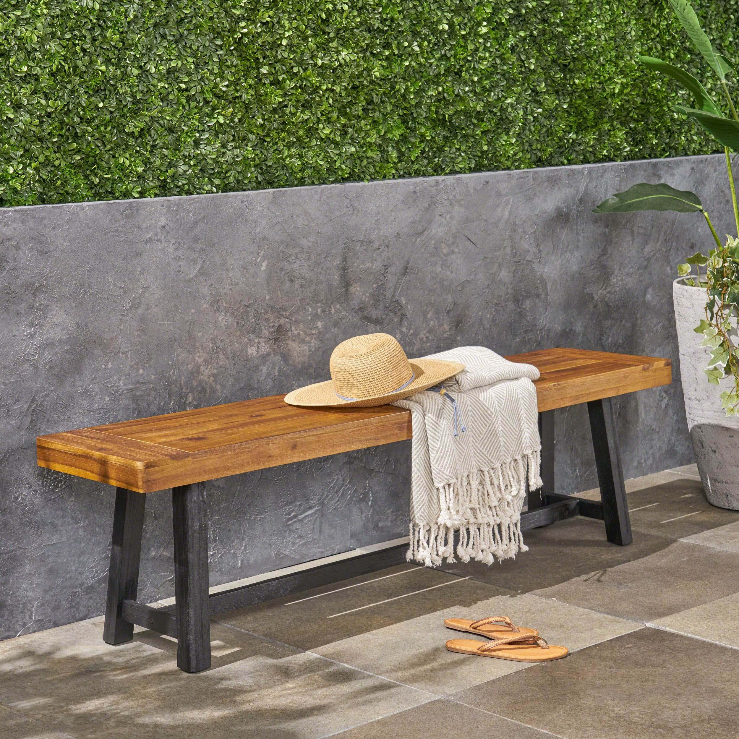 Christopher Knight Home Greystone Sandblast Teak Finish And Black Outdoor Acacia Wood Bench