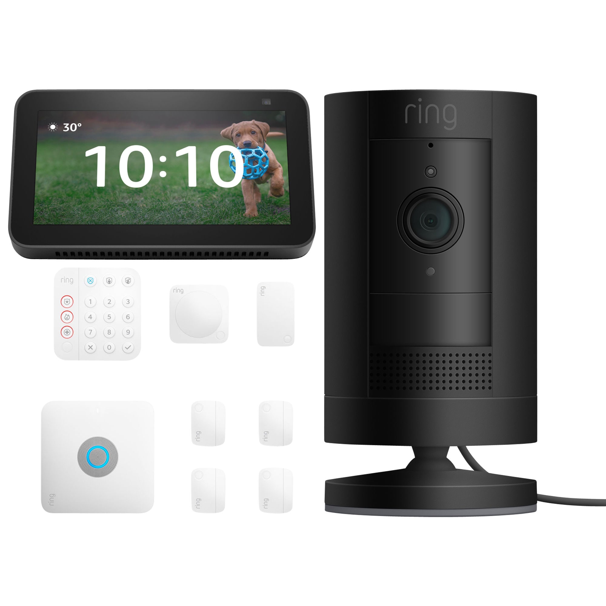 Ring Alarm Pro 8-pc + Ring Stick Up Camera Plug-in - Black + Amazon Echo Show 5 - Black Bundle