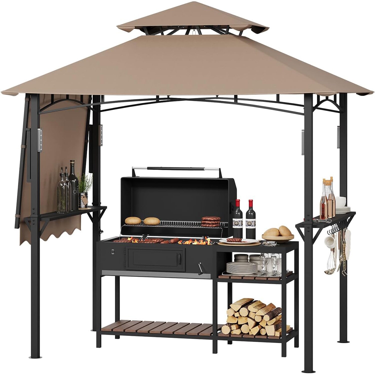Garvee - 8 Ft x 5 Ft Grill Gazebo with Side Awning Double Tier BBQ Canopy with Shelves LED Lights...