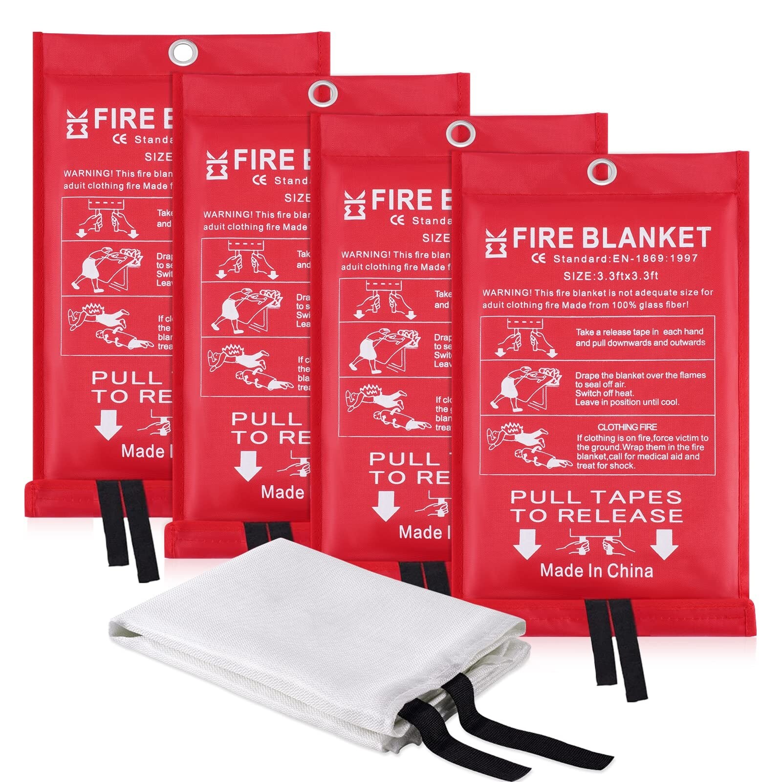 Adrinfly  4 Pack 3.3 ft x 3.3 ft Fiberglass Fire Blanket for Home Kitchen Garage Grill Emergency Safety Blocks Oxygen Heat Easy Storage
