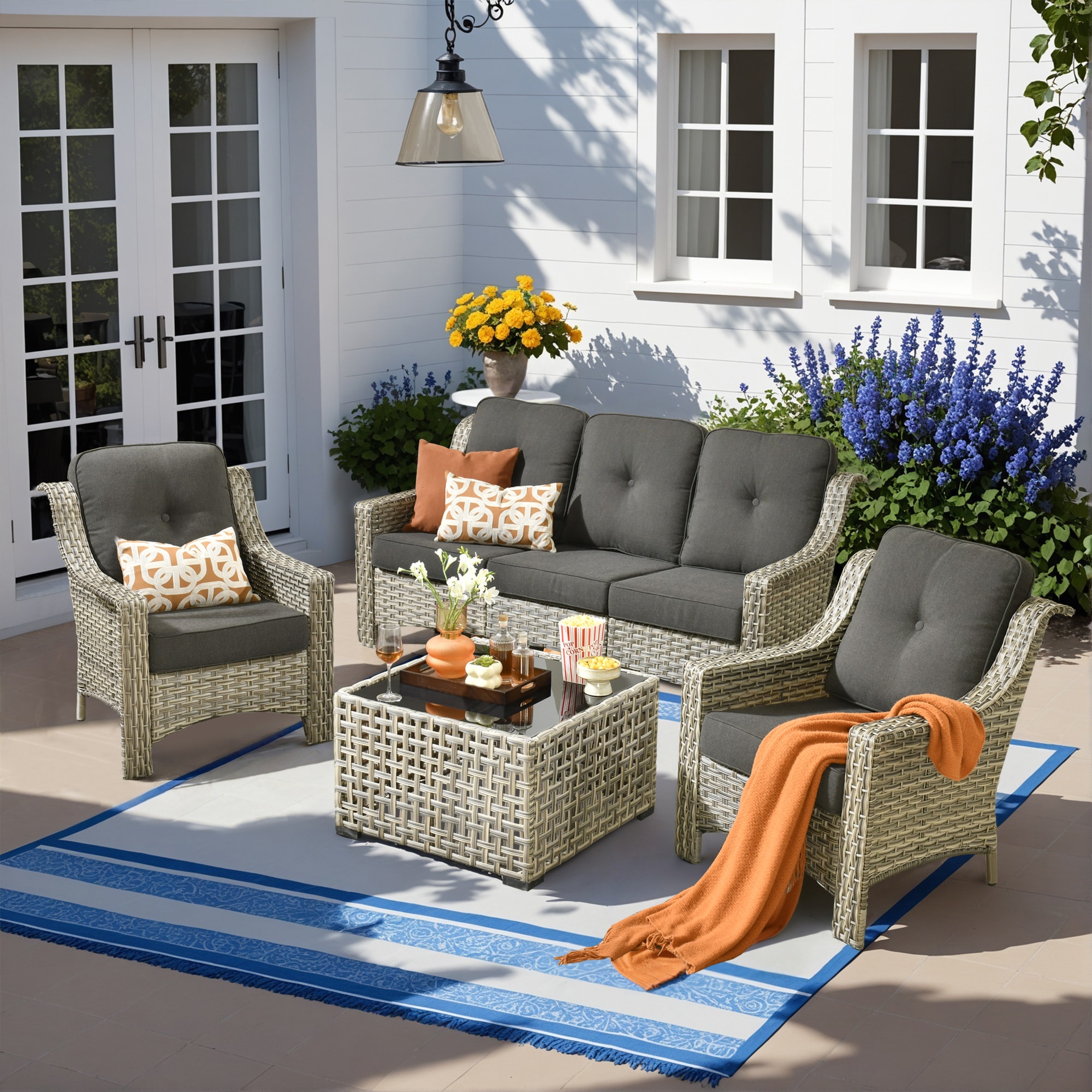 Caodoc L5-PAD104-T New right-Angles Rattan Outdoor Sectional with Black Cushions and Rattan Frame