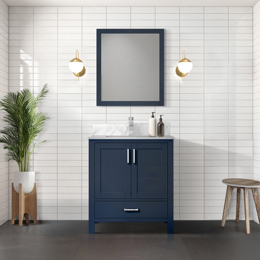 Lexora LJ342230SEDSM28 Jacques 30-in Navy Blue Undermount Single Sink Bathroom Vanity with White Carrara Marble Top (Mirror Included)