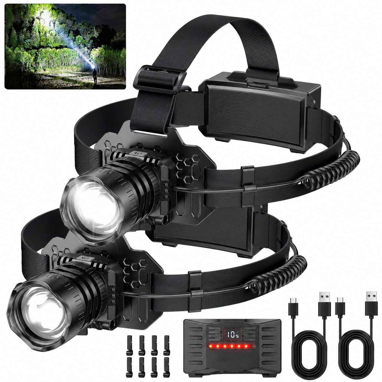 Justincity  renewable power LED Headlamp 2 Pack 3500 Lumens Super Bright with Motion Sensor 90 Rotation Waterproof Headlight for Camping Hiking