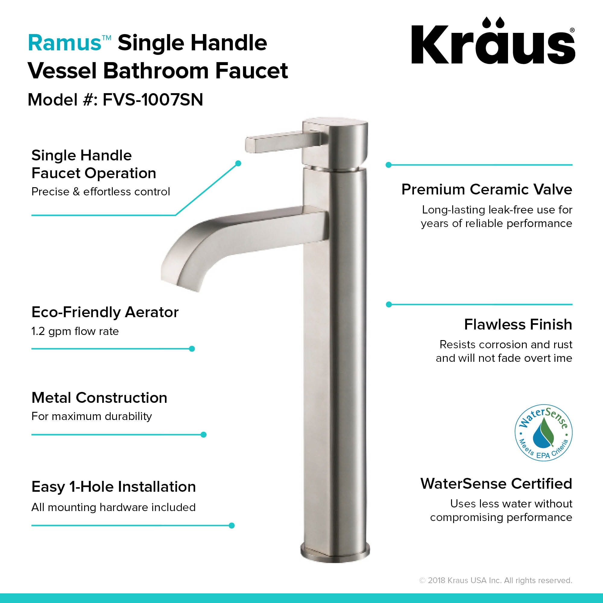Satin Nickel Modern Single Hole Vessel Faucet