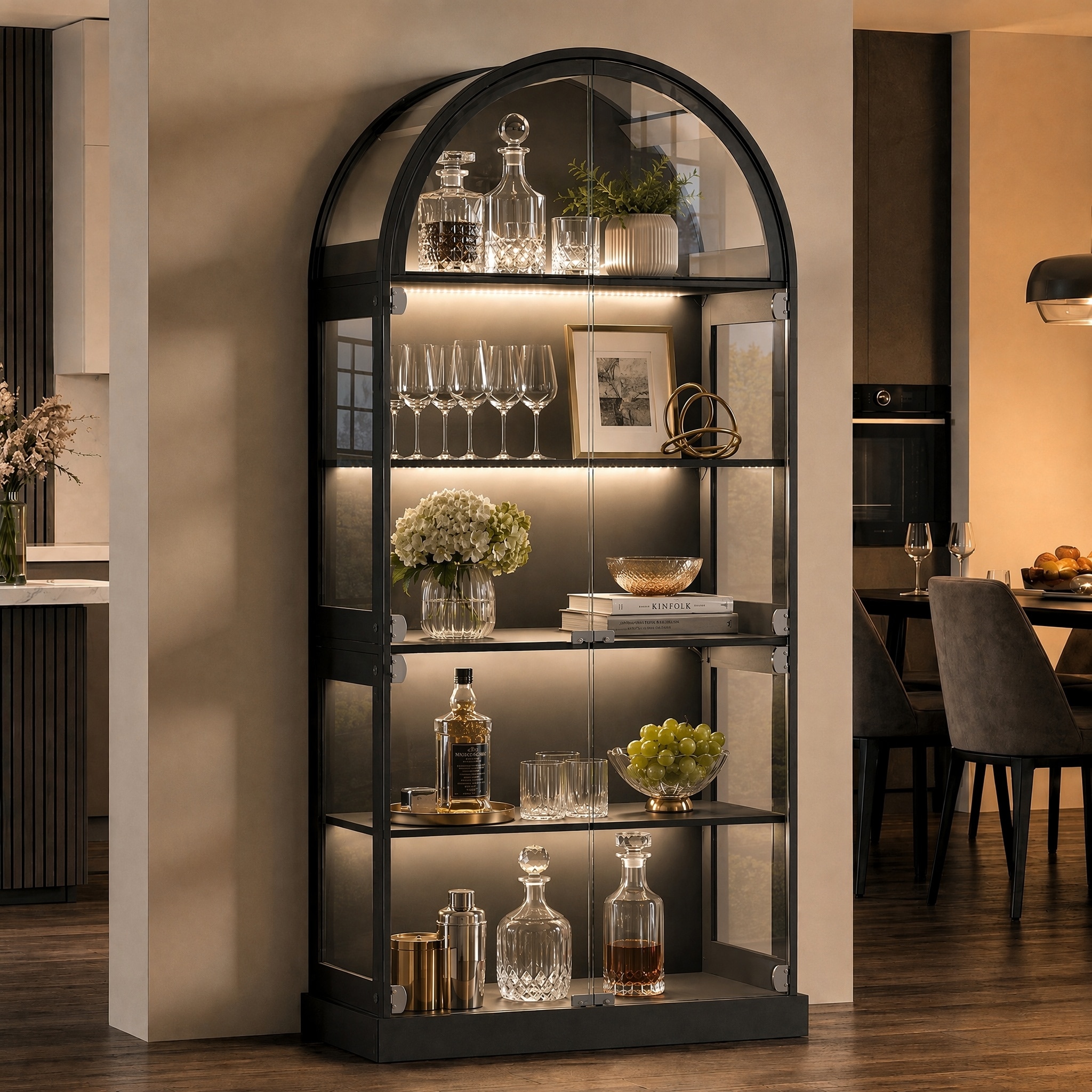 GlasFlength  71-Inch Arched Glass Display Cabinet with 3 Color Lights Adjustable Shelf Storage Organizer with Door Protection and Decorative Showcase for Living Room Dining Room Home Bar Black