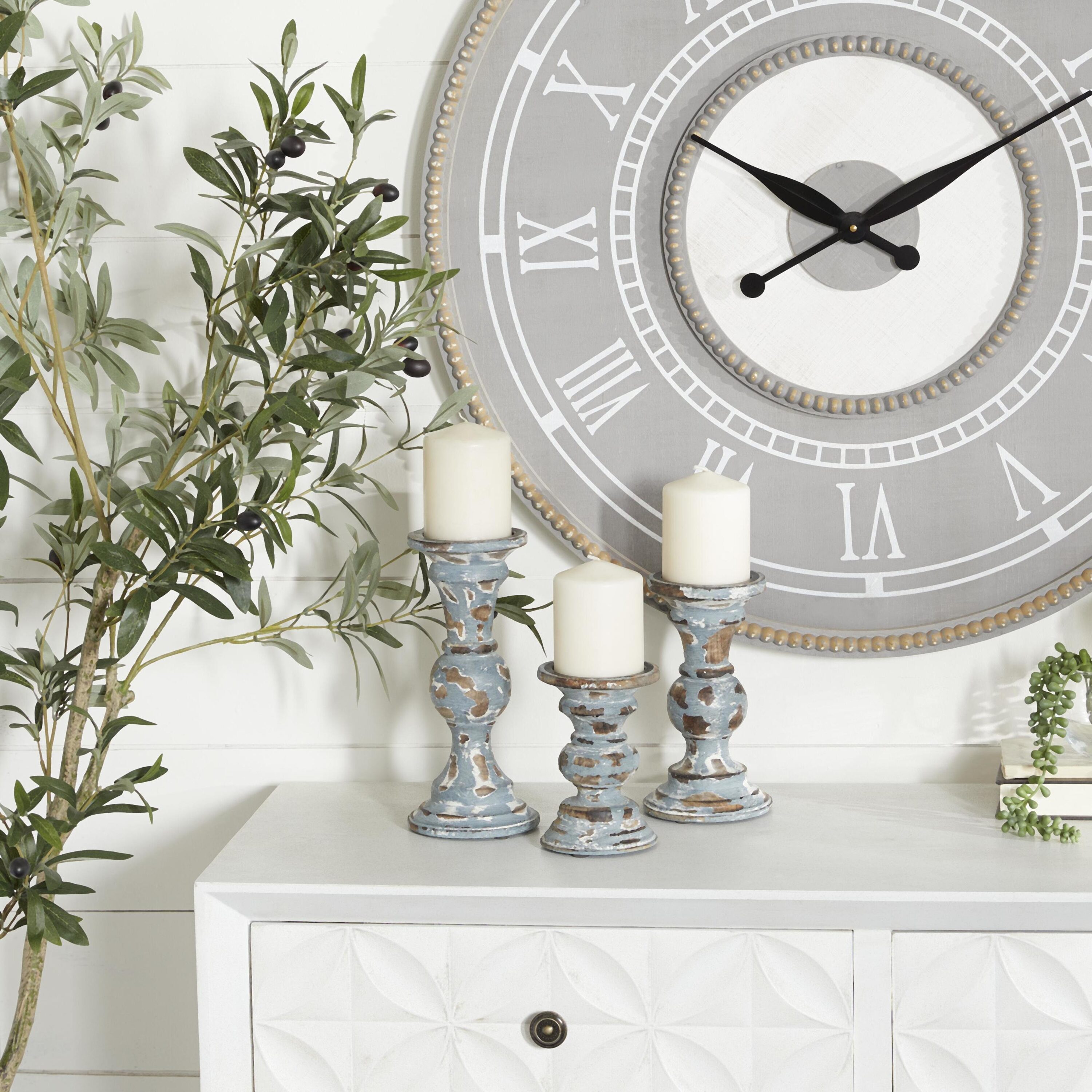 Distressed Light Blue Mango Wood Candelabra Set of 3