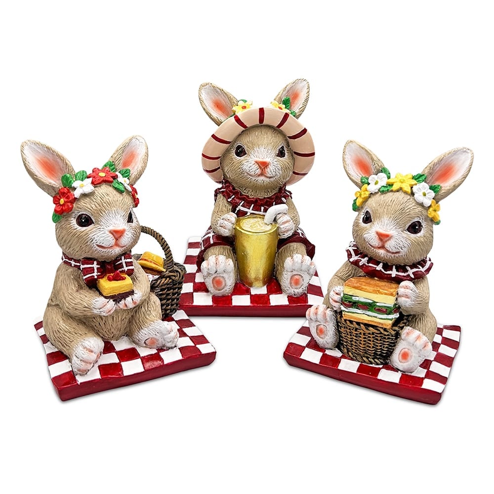 OrnamentallyYou RSTATUE1065 Joyful Picnic Gathering Bunny Trio Set of Three Figurines Spring Rabbit Statue 4.5-in Decor