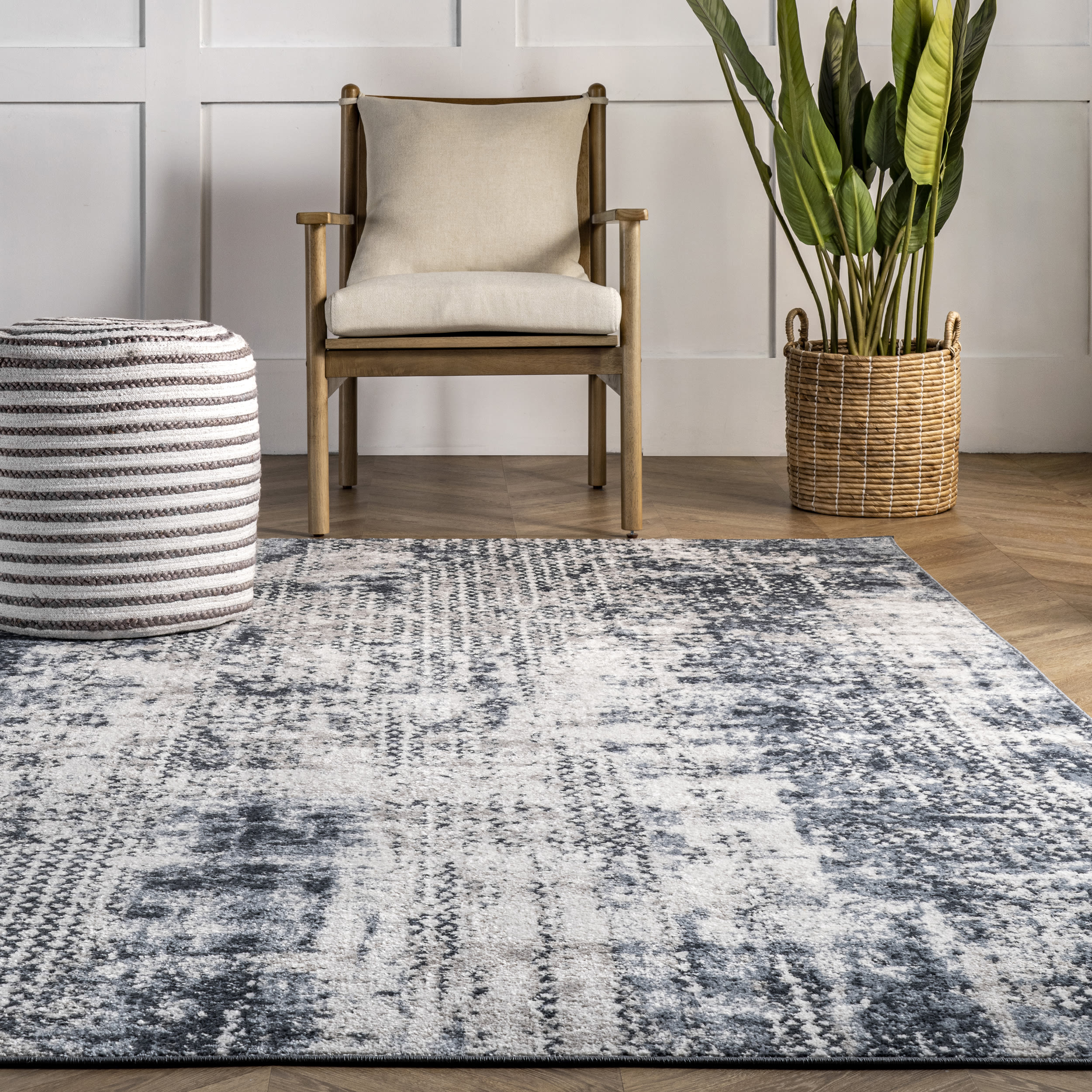 Reversible Abstract Blue Synthetic 4' x 6' Easy-Care Area Rug