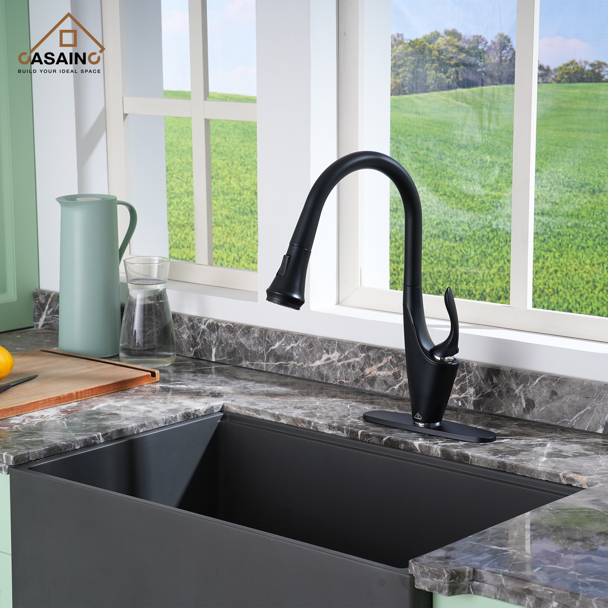 CASAINC CA-YW571RB Matte Black Single Handle Deck-mount Pull-out Kitchen Faucet with Sprayer ( Deck Plate Included )