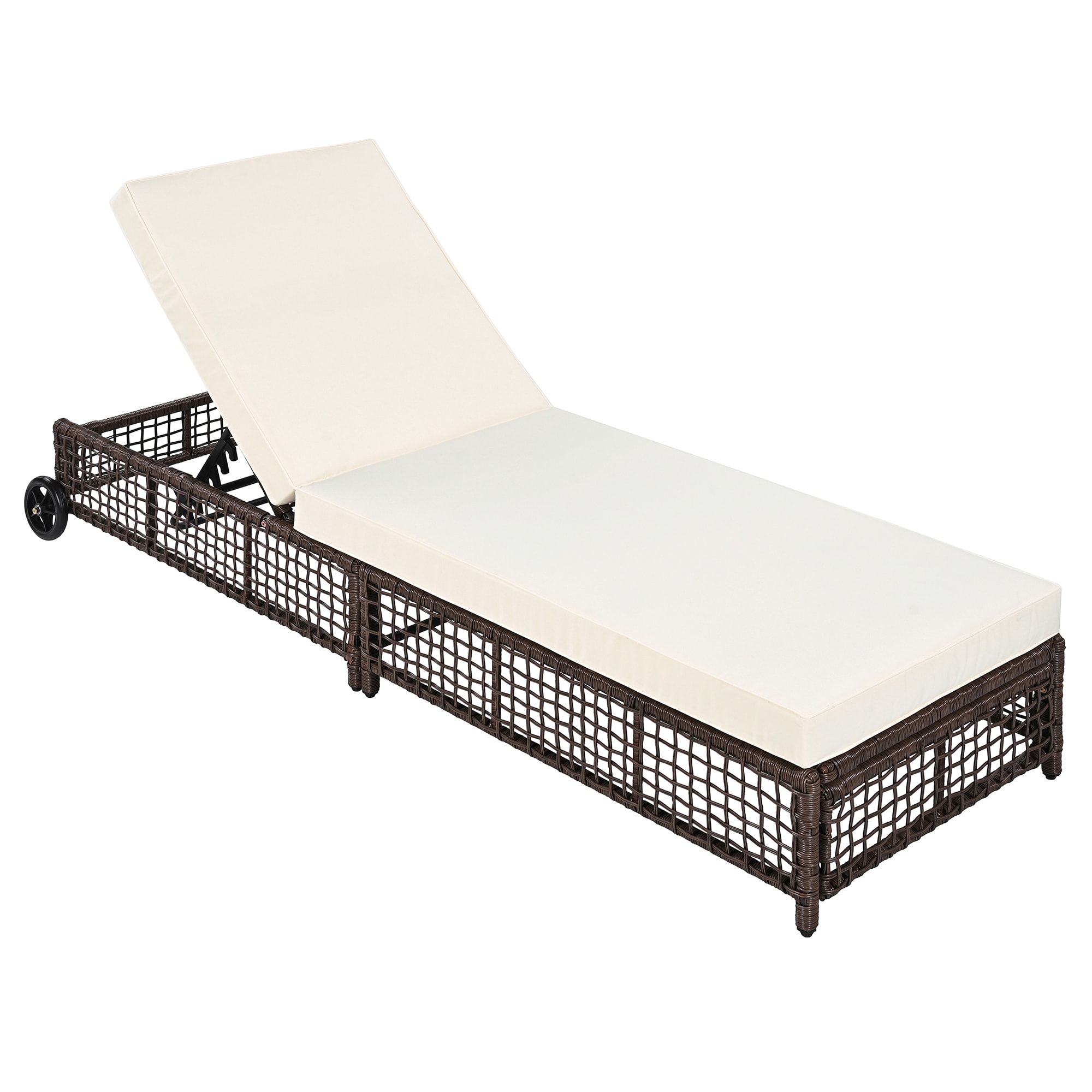 SINOFURN SYB140003WT Rattan Brown Iron Frame Stationary Chaise Lounge Chair with Beige Cushioned Seat