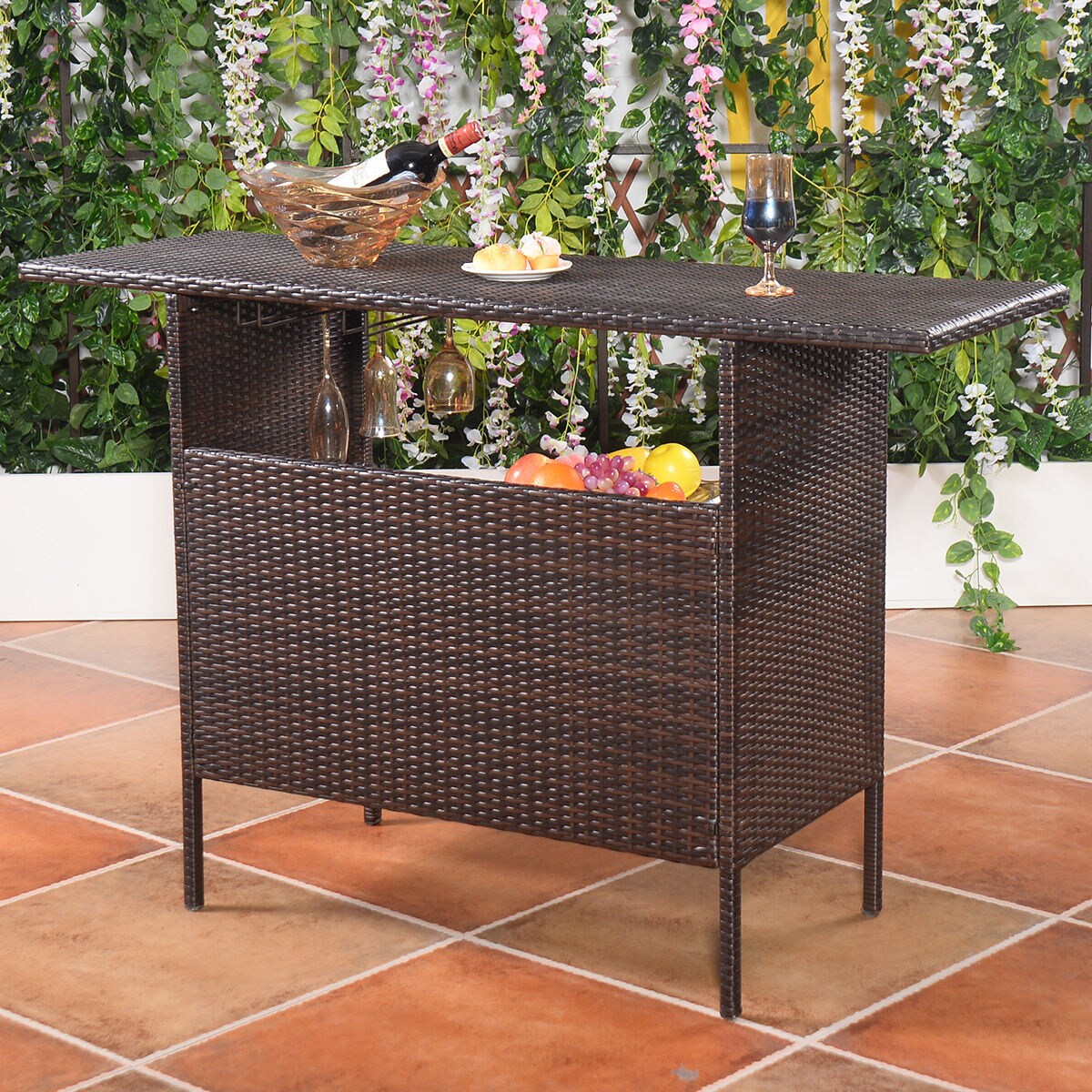CASAINC Rectangle Rattan Outdoor Bar Height Table 18.5-in W x 55.1-in L