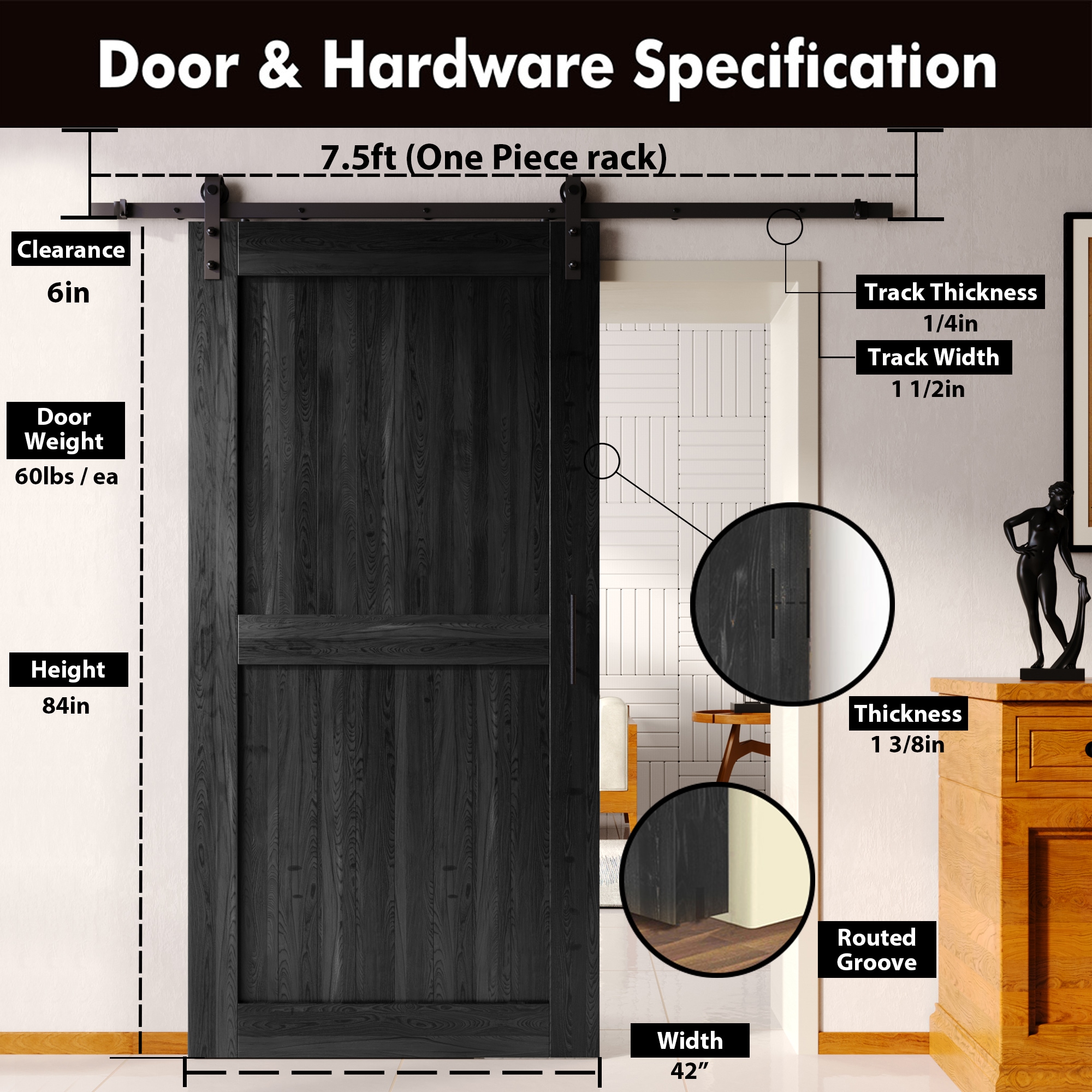HOMACER YT1TGH090C-4284-H-BK Barn-Doors - View #2
