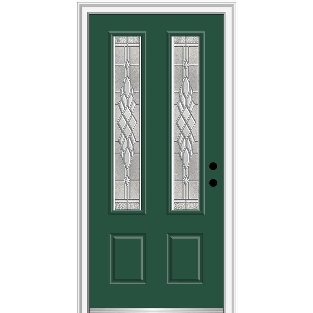 MMI DOOR ZZ3666995L 36-in x 80-in x 4-9/16-in Fiberglass Twin lite Left-hand inswing Hunter Green Painted Prehung Front Door with Brickmould Insulating core