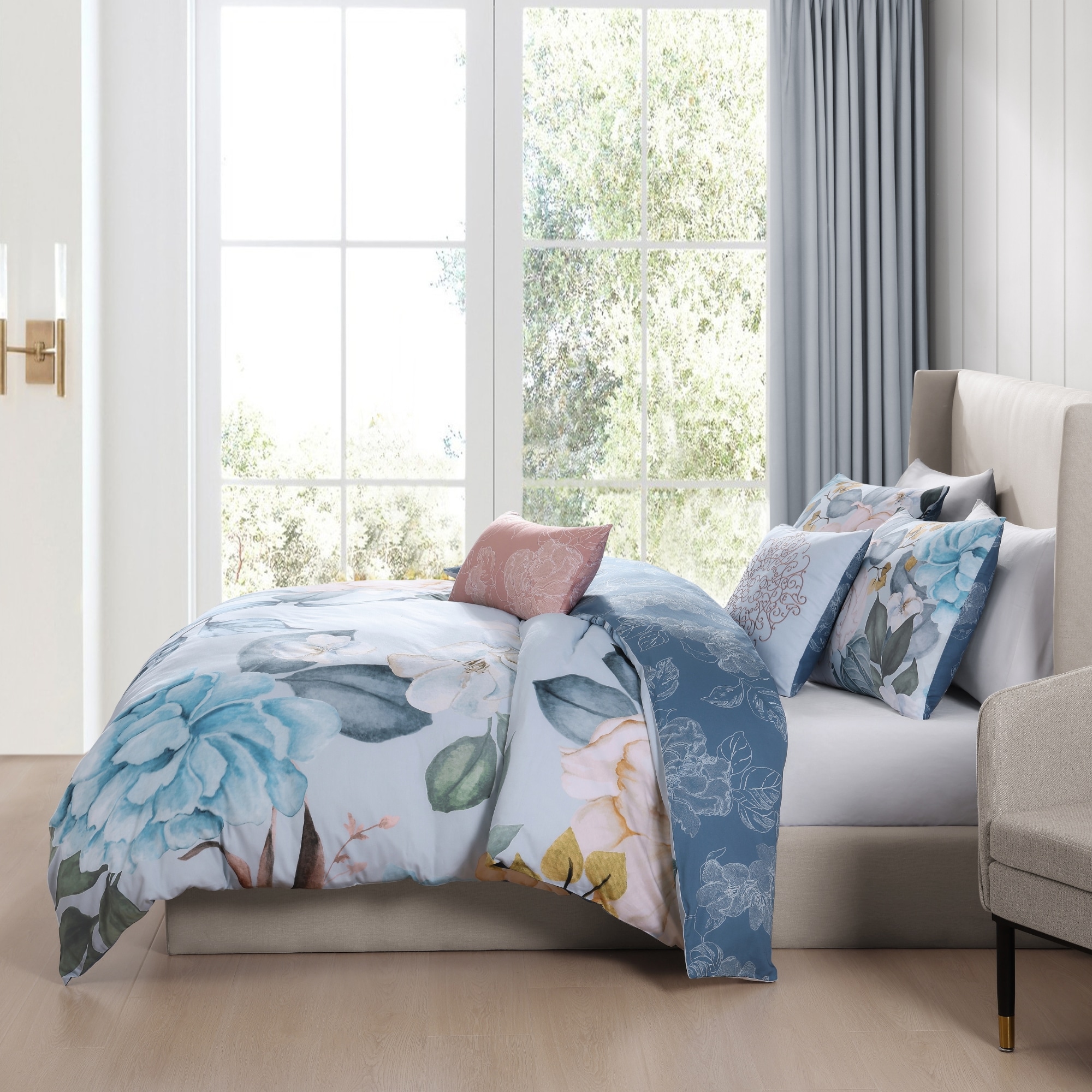 Sky Blue Floral Cotton Queen Reversible Comforter Set