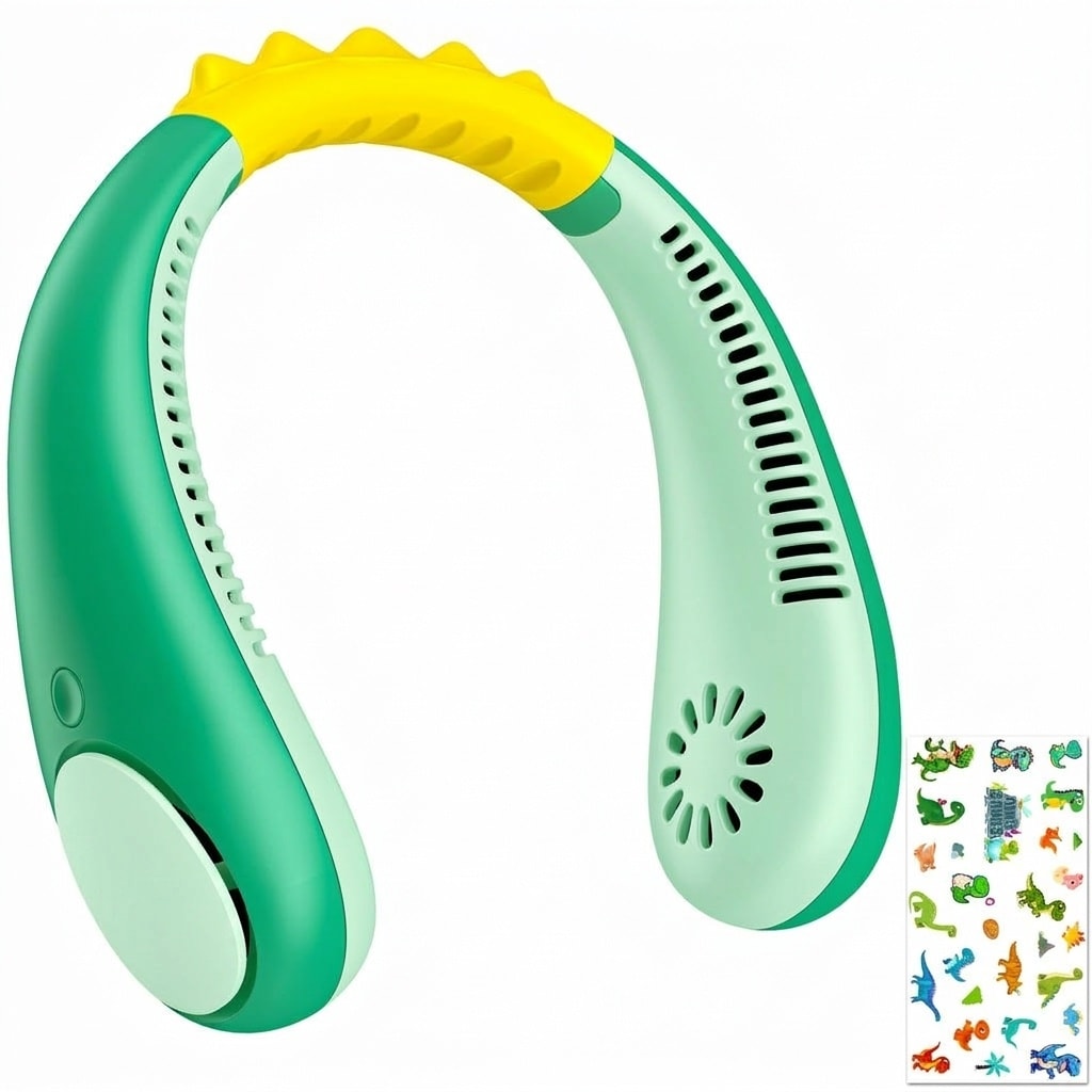 Lukvuzo  Dinosaur Kids Neck Fan Safe Bladeless Hands Free Cooling Fan with DIY Sticker Lightweight 4 Speed Portable for Boys Girls 1 Piece