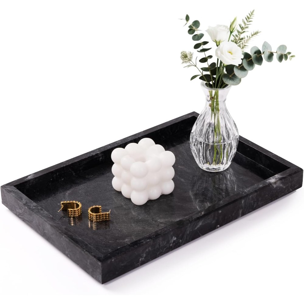 Baginizer -  Natural Marble Bathroom Vanity Tray 12 x 8 Inch Gray Black Decorative Stone Organize...