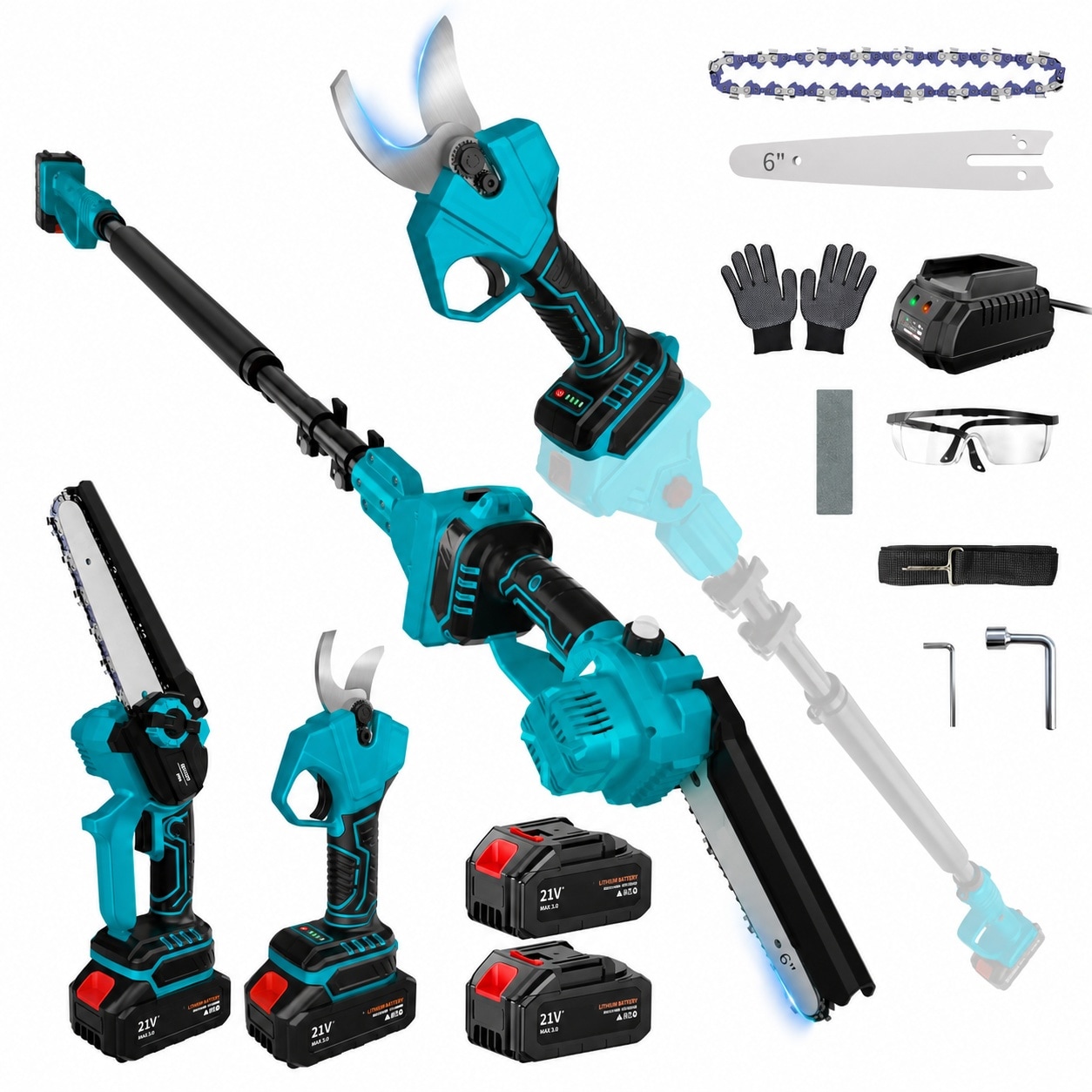 Ahfiwaso LS Brand 4 in 1 Cordless Pole Saw and Electric Pruning Shears Kit for Tree Trimming with Telescopic Extension Pole Lightweight Design Automatic