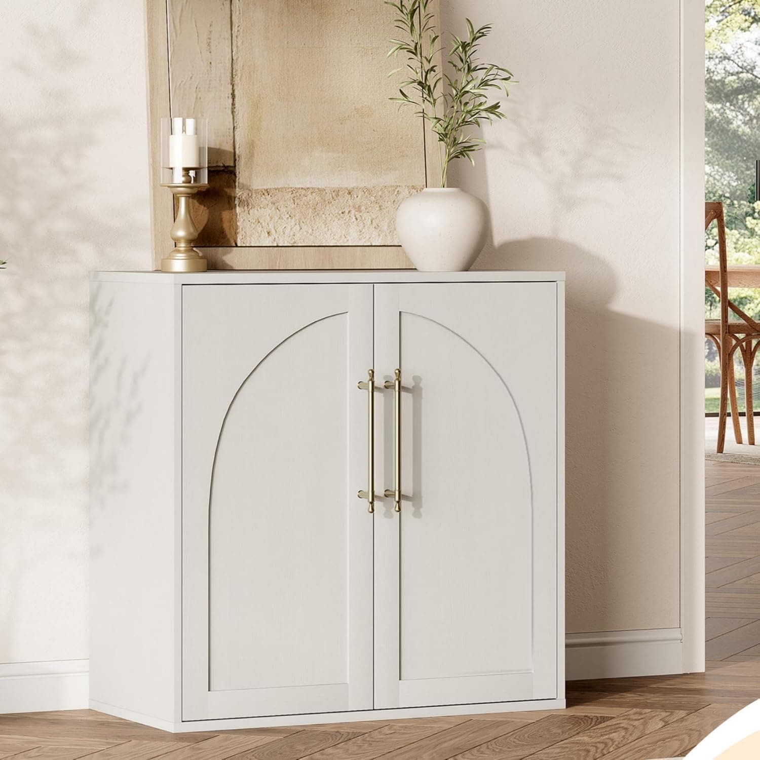 GarveeLife Farmhouse Arched Sideboard Buffet Cabinet Storage Credenza with 2 Adjustable Shelves and Anti-Tip Kit Wood Media Console for Living Room White