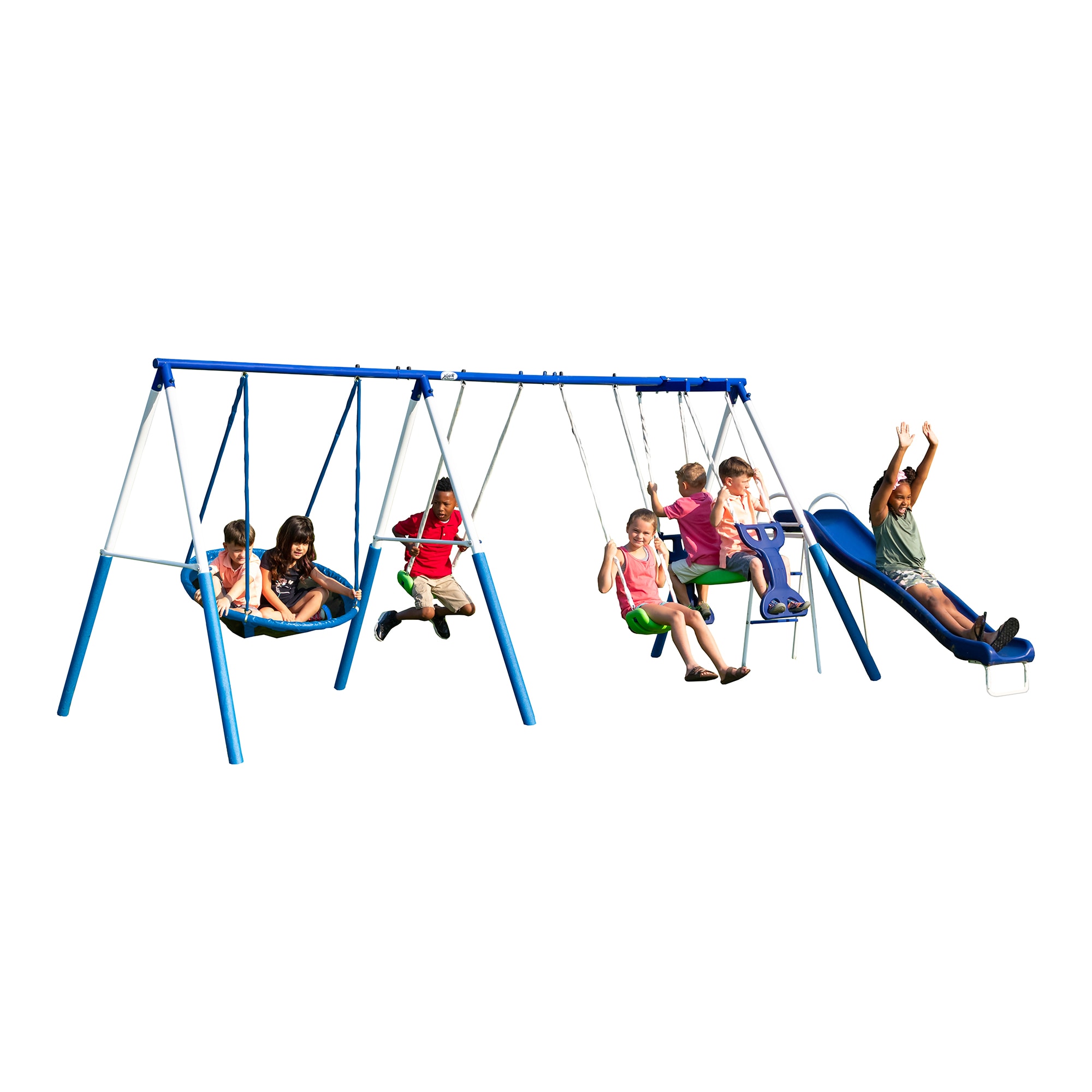 Blue and Green Metal Swing Set with Slide for 7 Kids