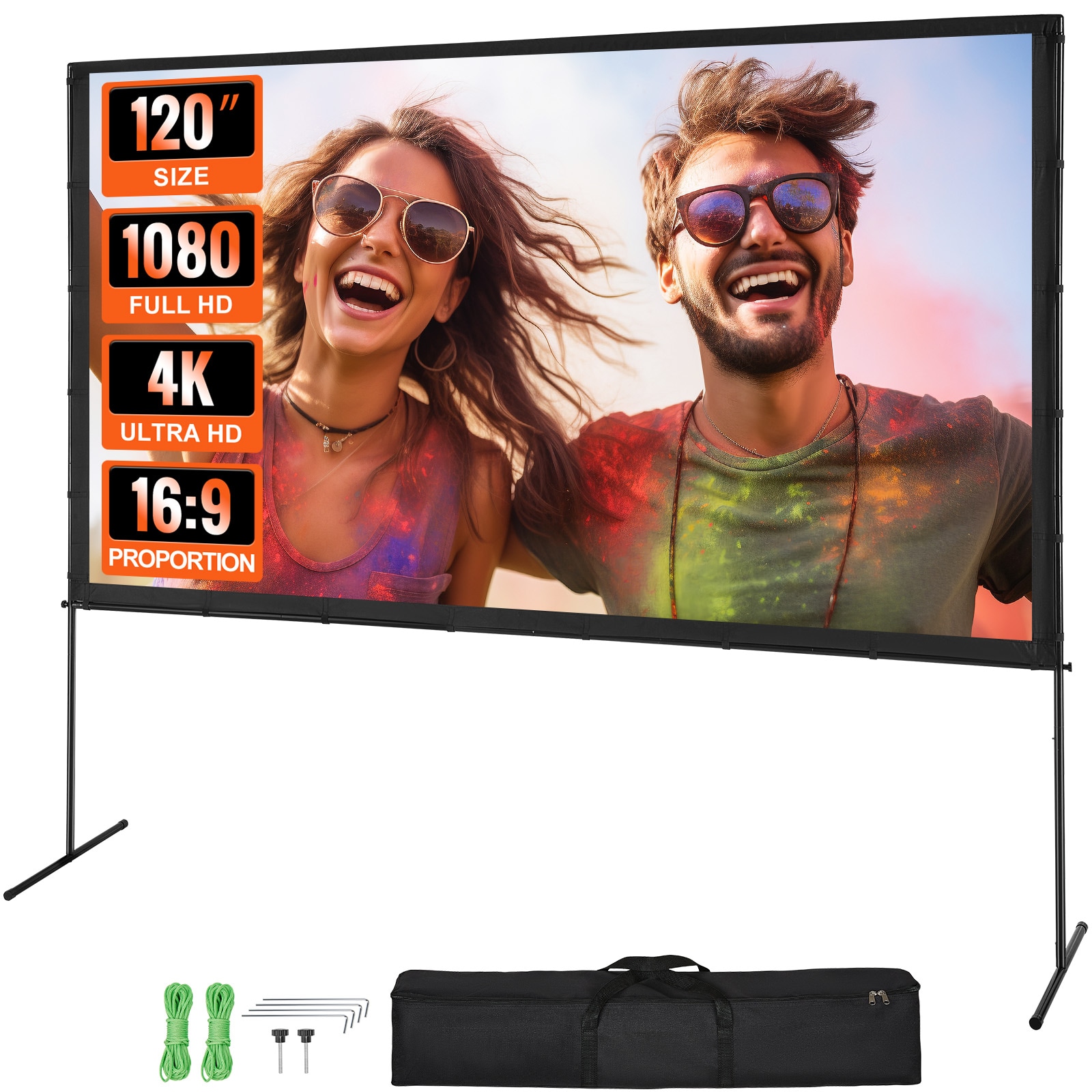 VEVOR SCTYPM20ZJSP03034V0 Projector Screen with Stand  120 inch 16:9 4K 1080 HD Outdoor Movie Screen with Stand  Wrinkle Free Projection Screen with Bar Feet and Carry Bag  for Home Theater Cinema Backyard Movie Night
