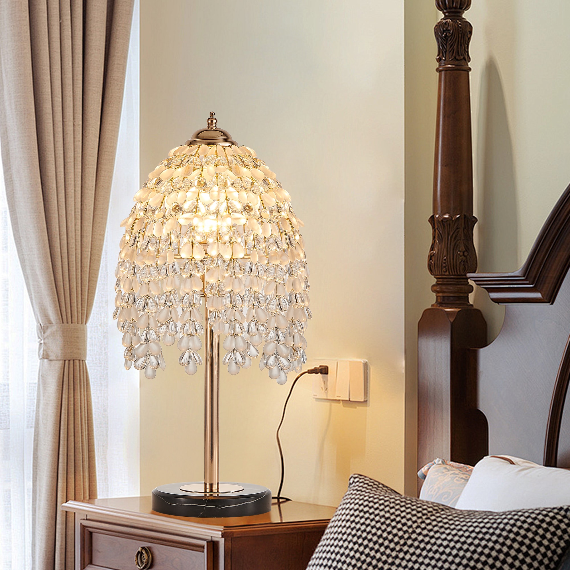 Huluwat 19-inch(H) Elegant Crystal Table Lamp - Vintage Waterfall Design with Teardrop Grape Crystal Bead String Shades and Marble Textured Base for Living Room Bedroom or Office (Bulb Not Included)