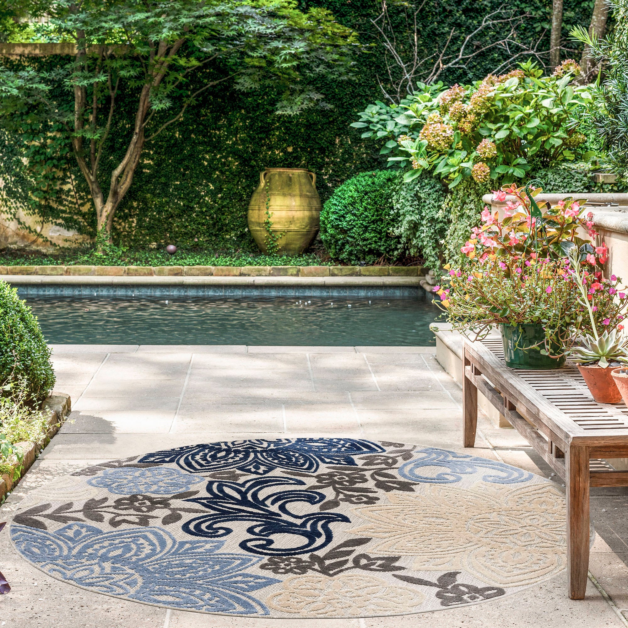 Tayse OAS1306 5RND Oasis 5 x 5 (ft) Flatweave Polypropylene Blue Round Indoor/Outdoor Area rug