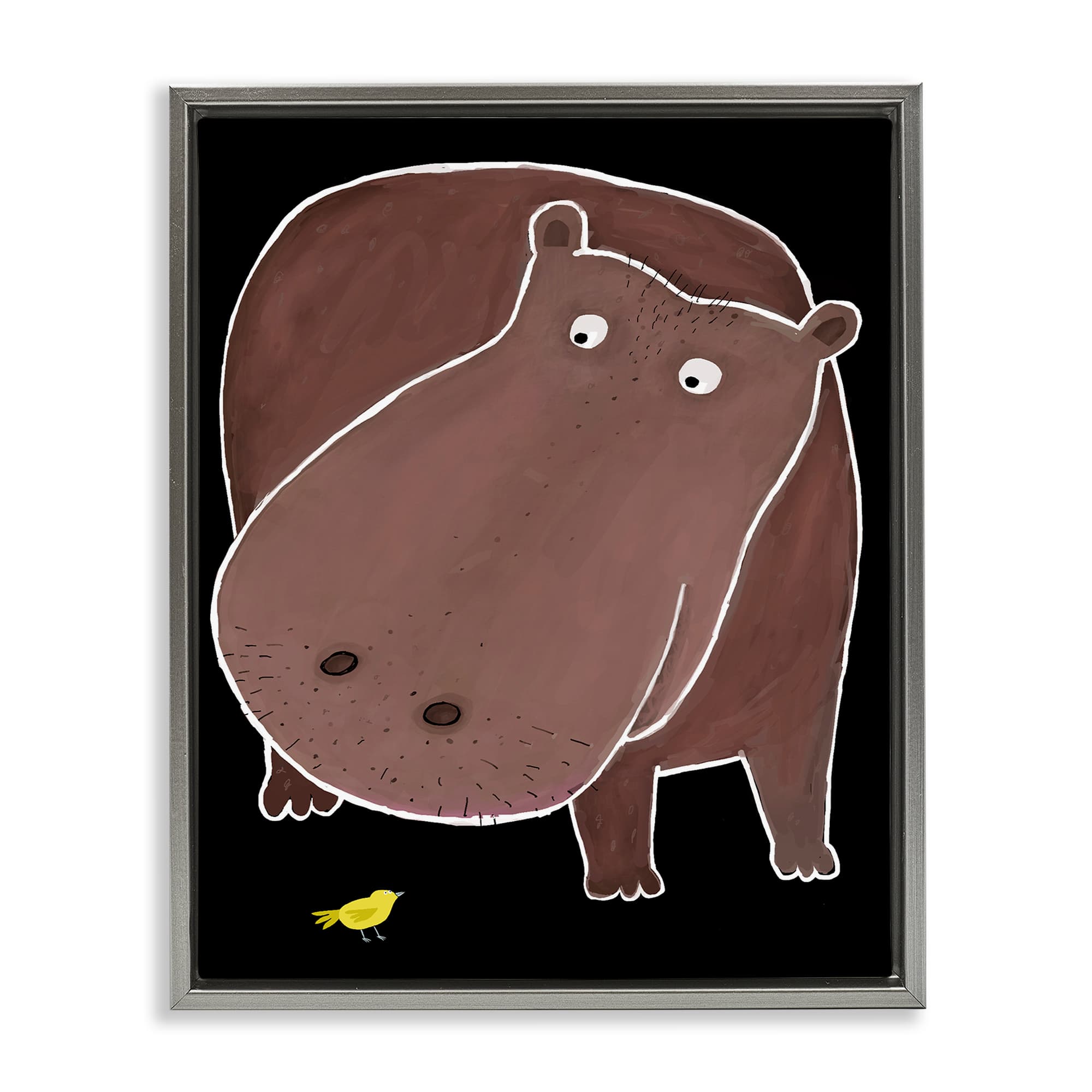Stupell Industries BT-237-FFL-16X20 Hippo and Bird on Black Gray Framed Floater Canvas Wall Art By Carla Daly 17 x 21