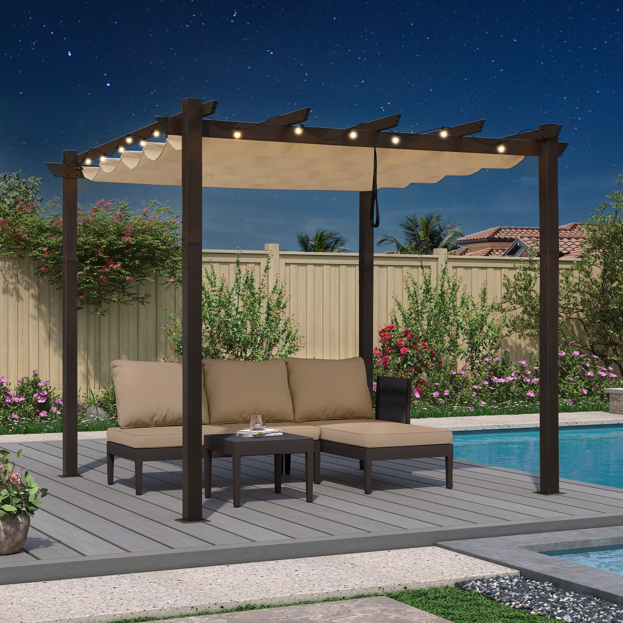 PURPLE LEAF LSDTA2-GTP-1010-KK 10-ft W x 10-ft L x 8-ft H Beige Metal Freestanding Pergola with Canopy