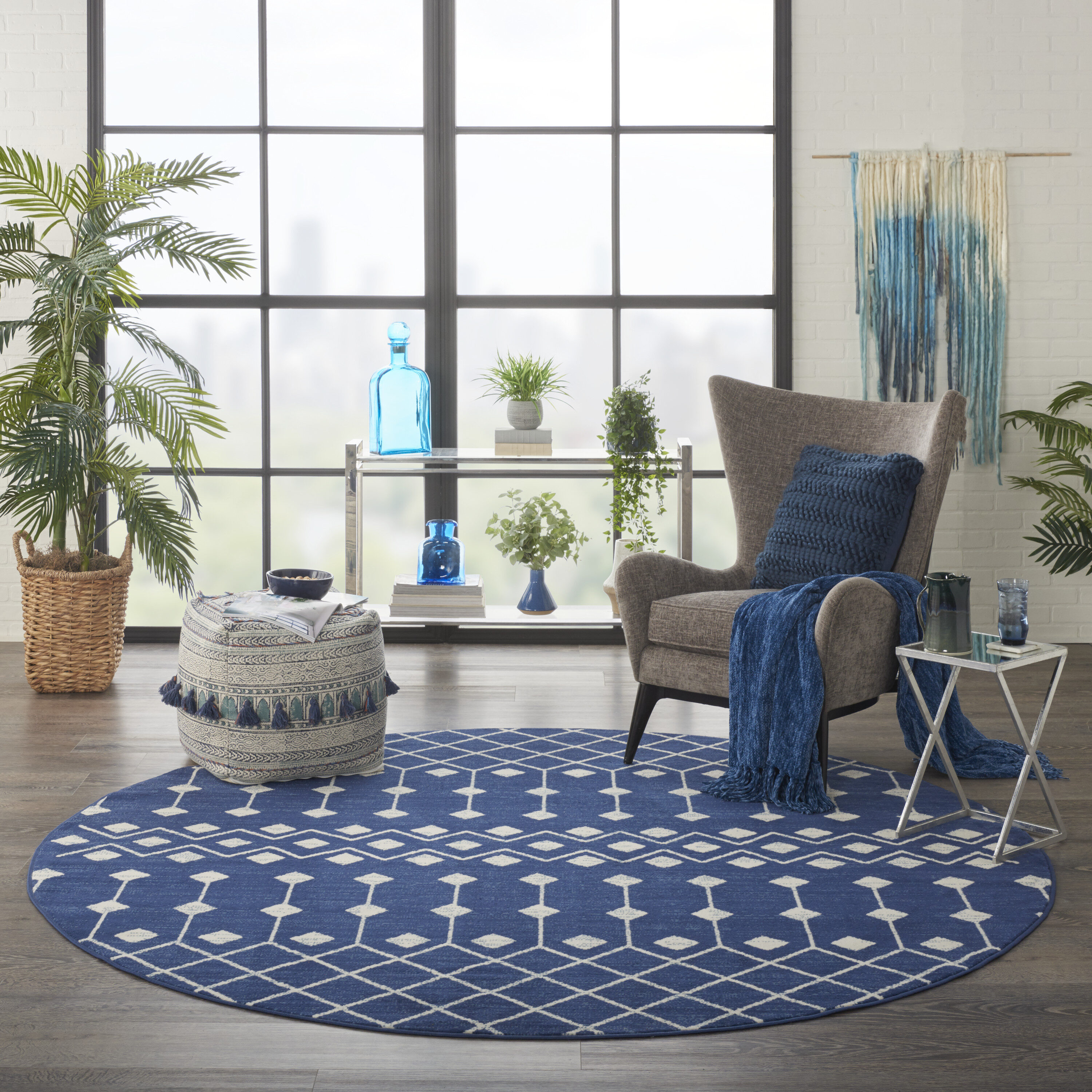 Nourison 99446753397 Grafix 8 x 8 (ft) Loomed Polypropylene Navy Round Indoor Abstract Area rug