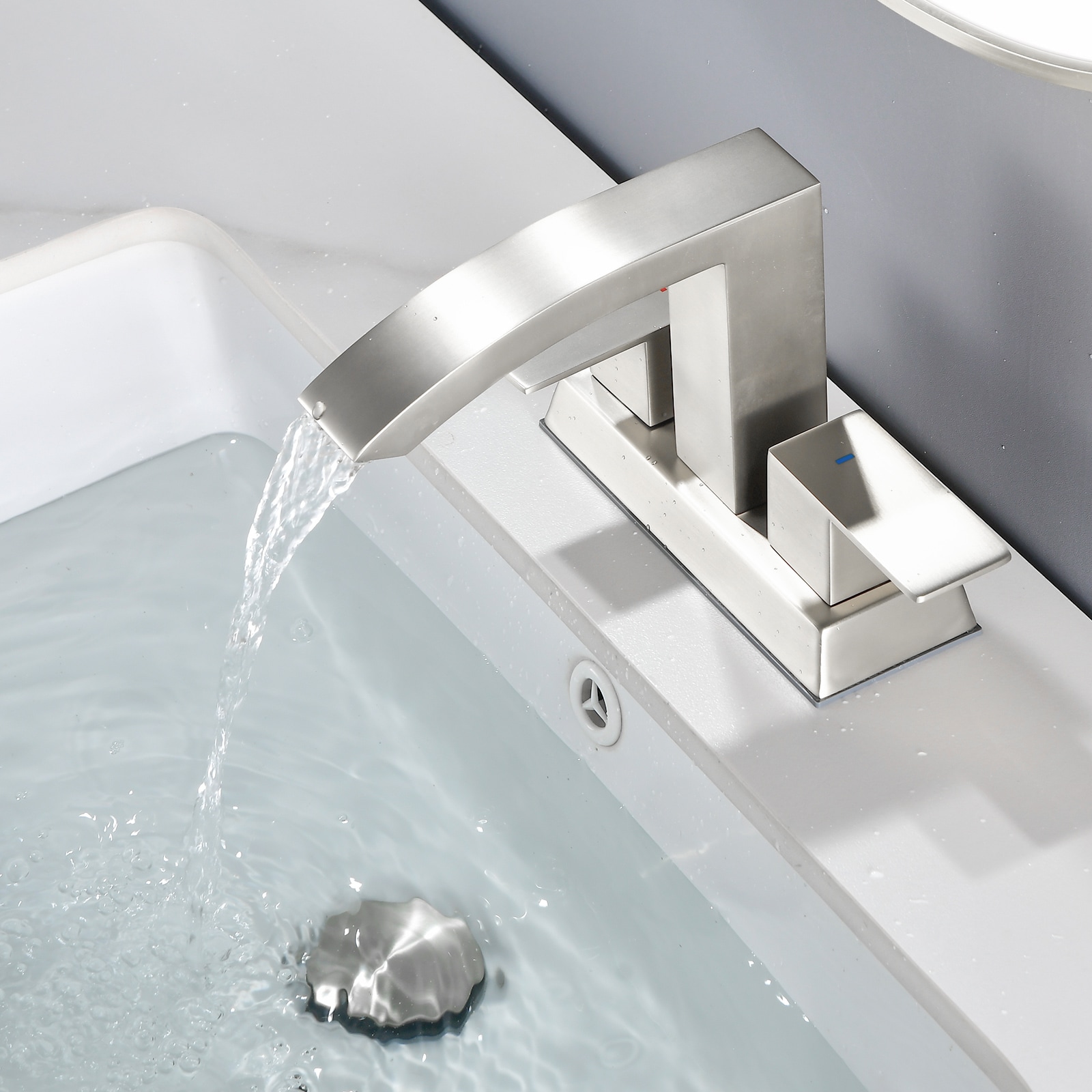 Dimakai - 4 Inch Centerset Waterfall Bathroom Faucet with Dual Handles and Pop Up Drain Brushed