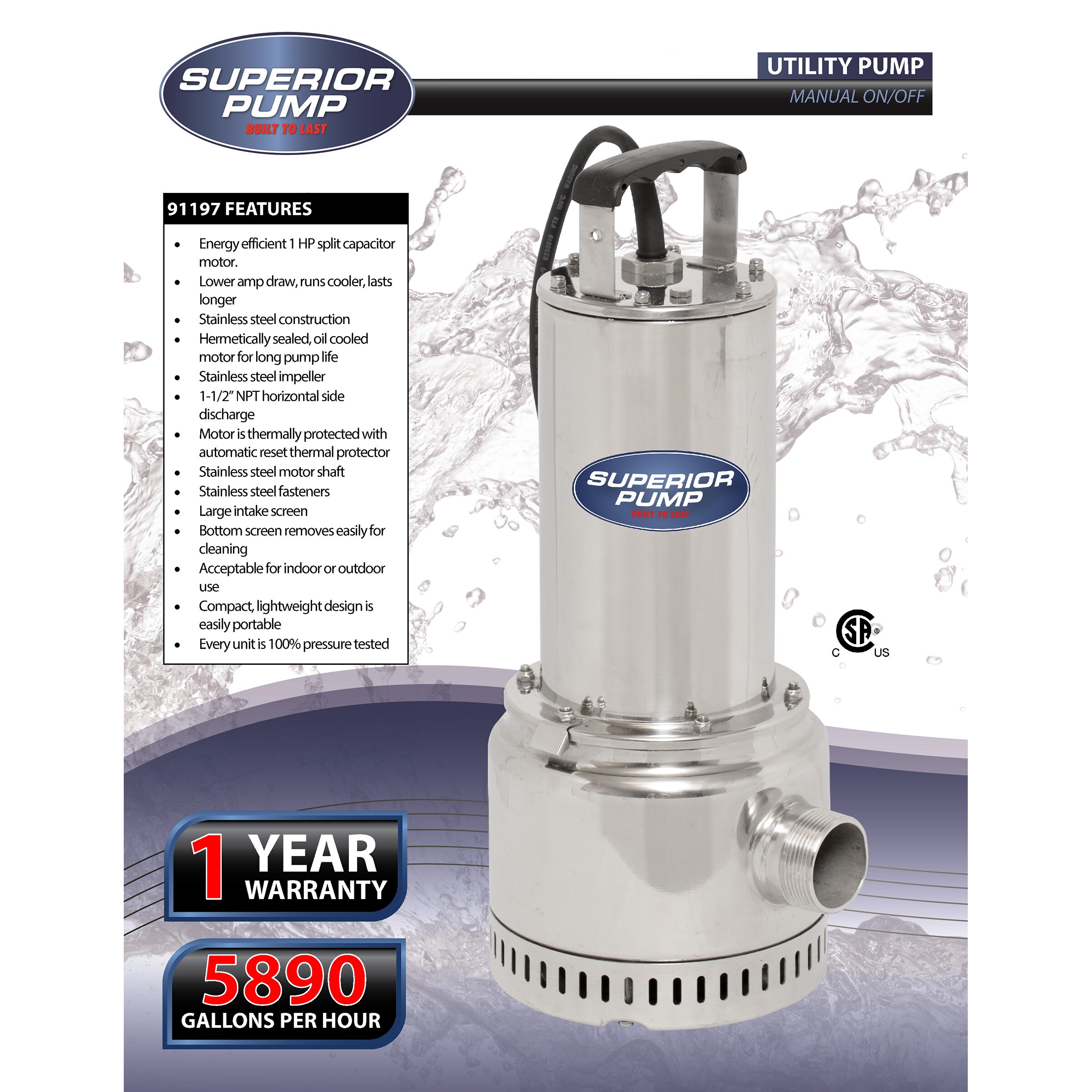 Superior Pump 1-HP 120-Volt Stainless Steel Submersible Utility Pump