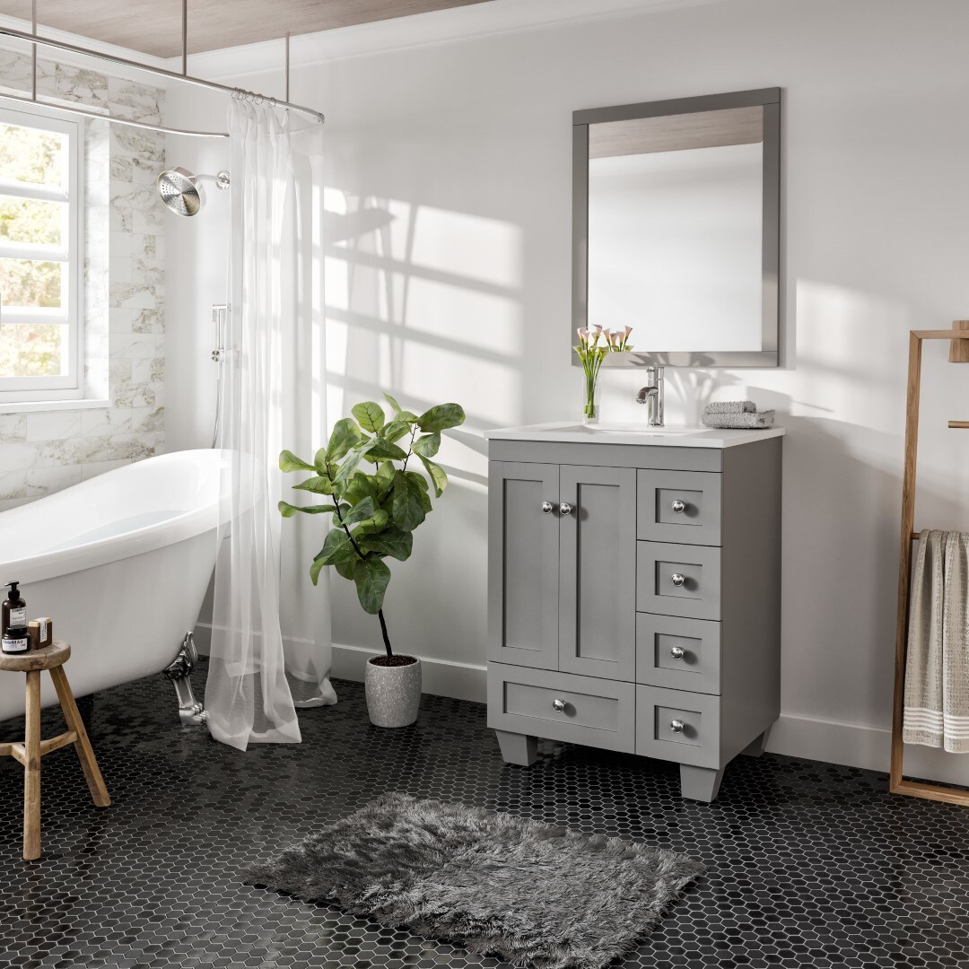 Gray Solid Wood Bathroom Vanity with White Quartz Top, 24-inch