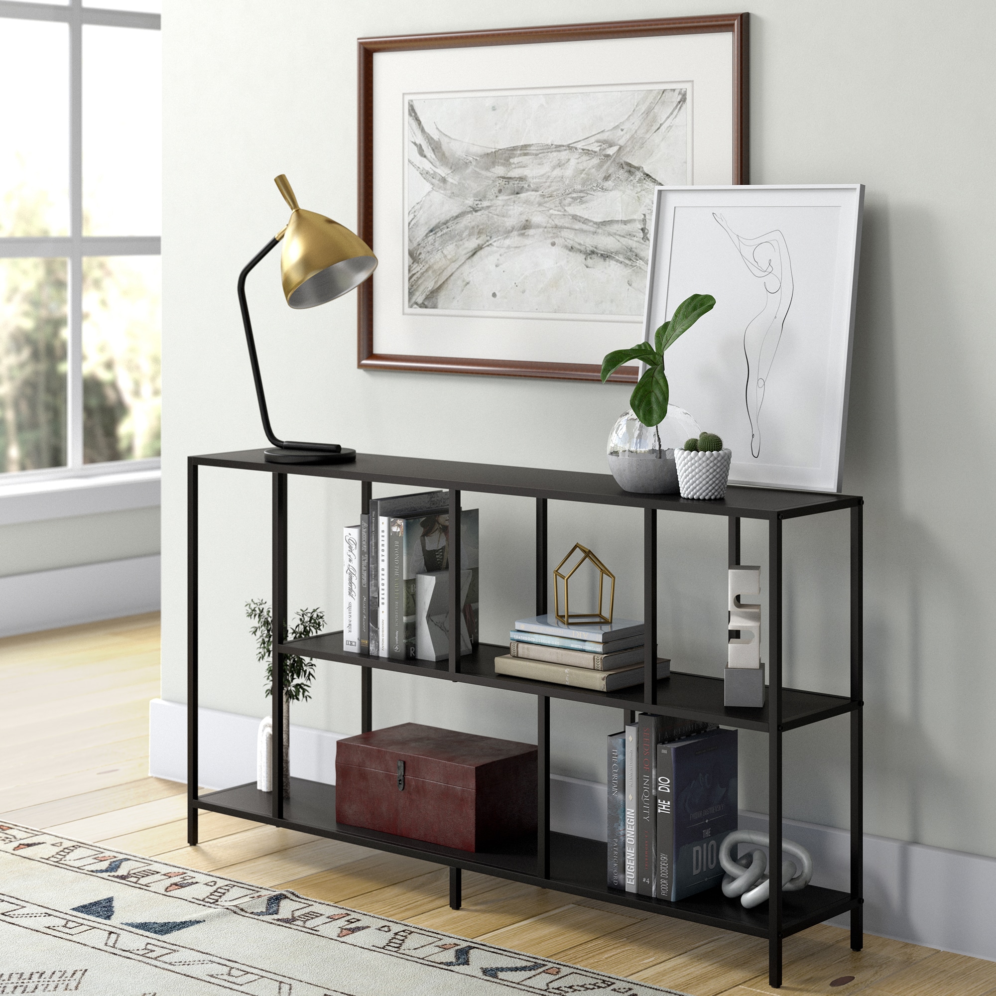 Winthrop 52" Blackened Bronze Console Table with Tempered Glass Shelves