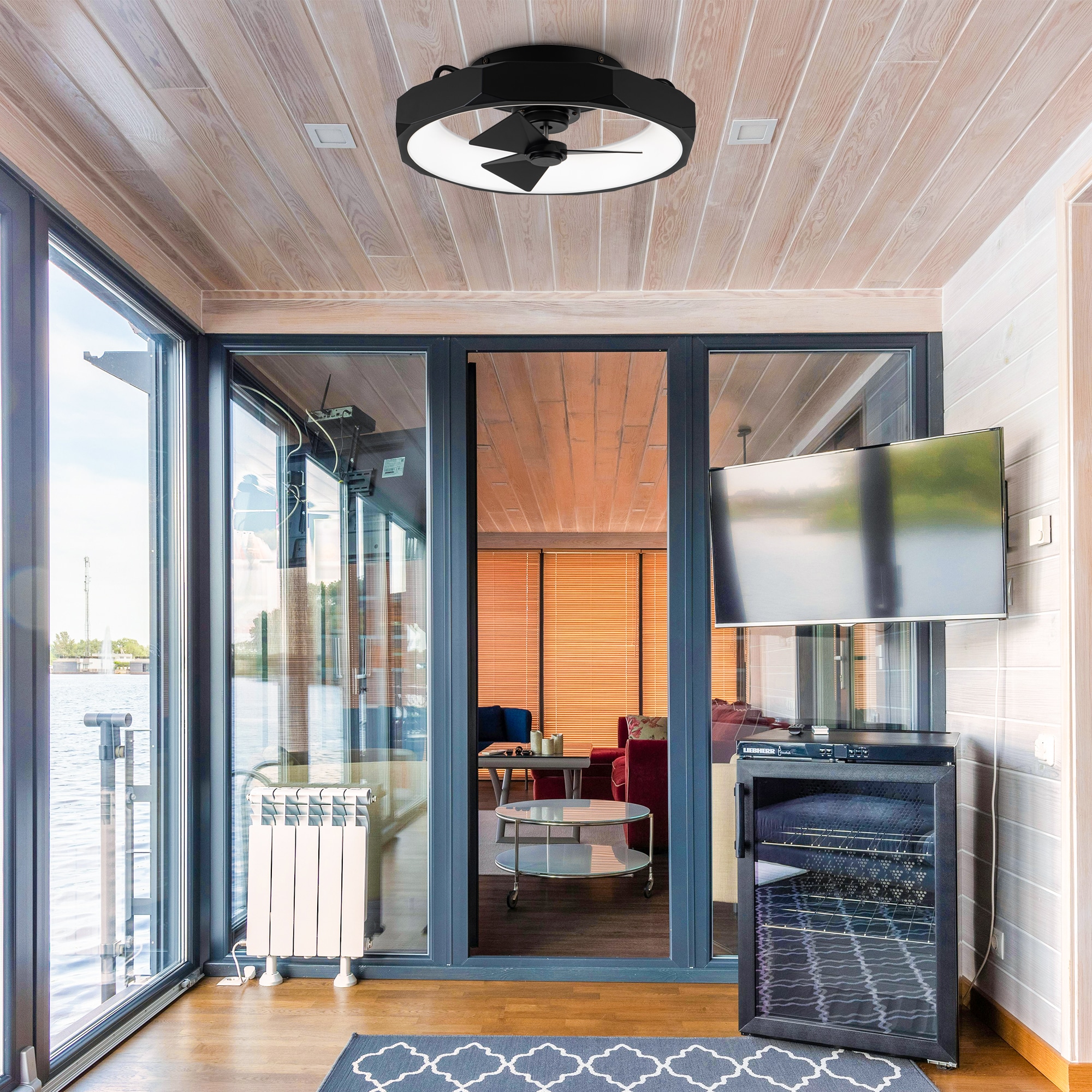 Modern Matte Black Low Profile 19" Ceiling Fan with LED Light and Remote