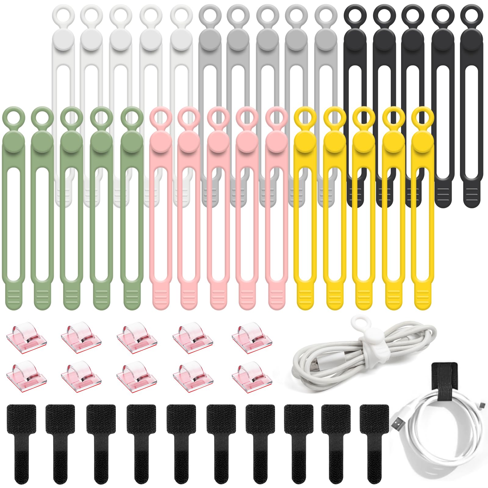 CYIKE  50Pcs Cord Organizer Kit Reusable Silicone Cable Ties Strong Adhesive Cable Clips for Cable Management Multipurpose Wire Management for