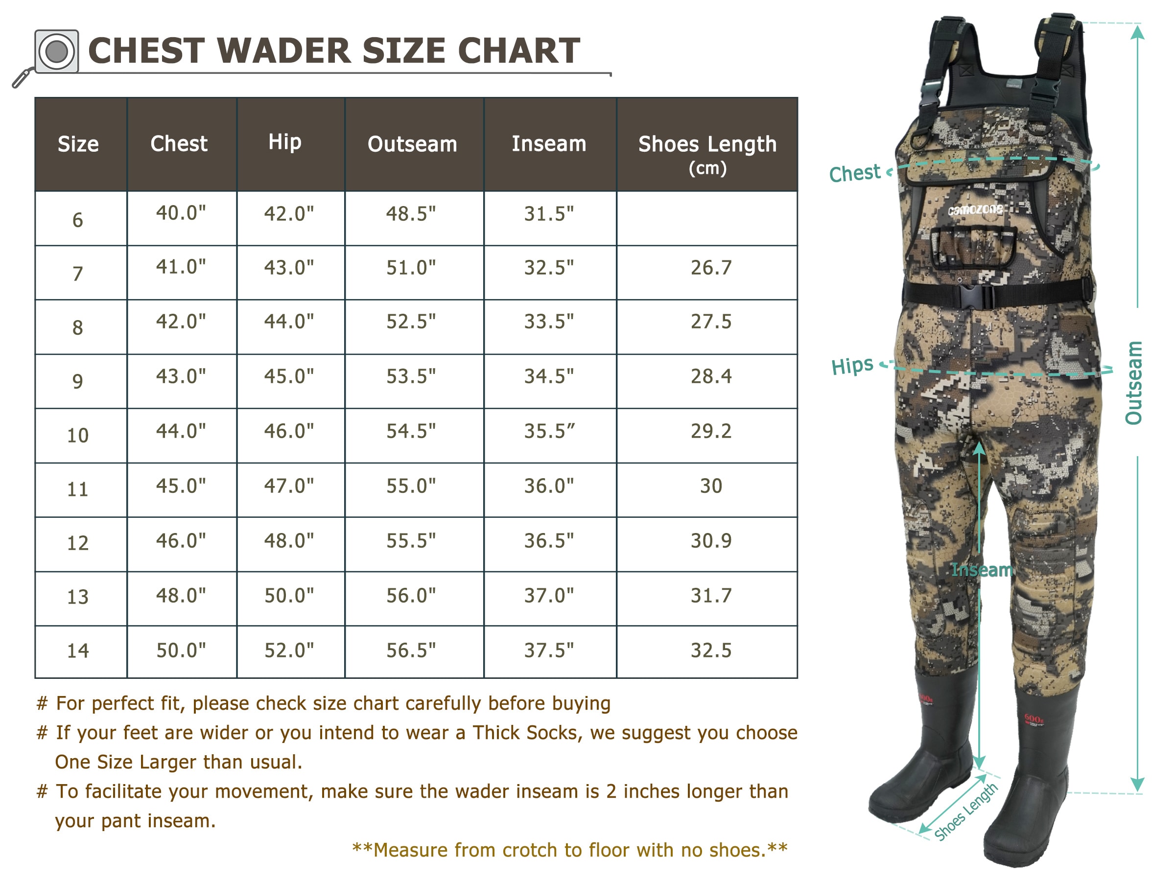 CAMOZONE Neoprene Chest Waders with Boots-size9 Unisex Fishing