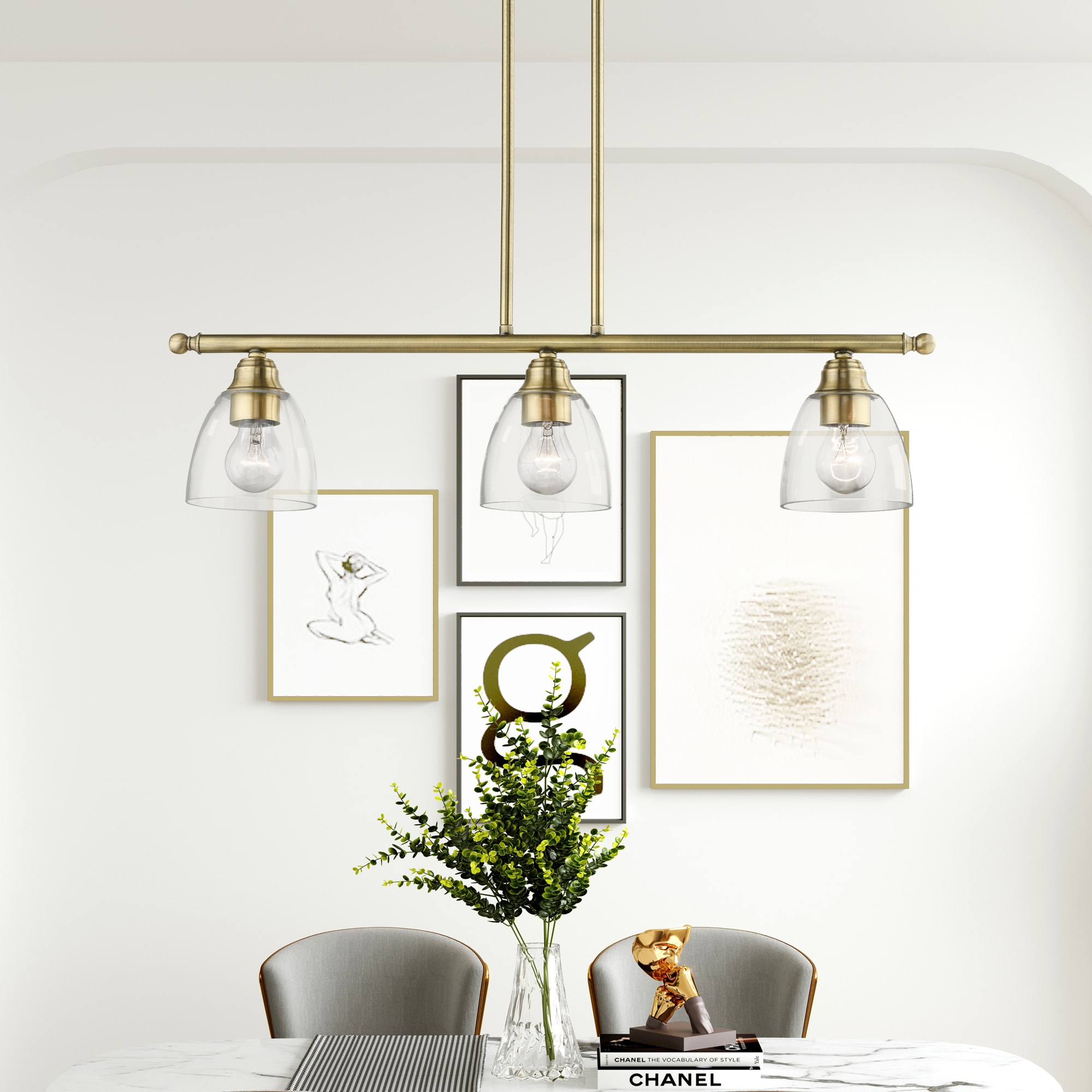 Antique Brass 30" Linear Chandelier with Clear Glass Shades