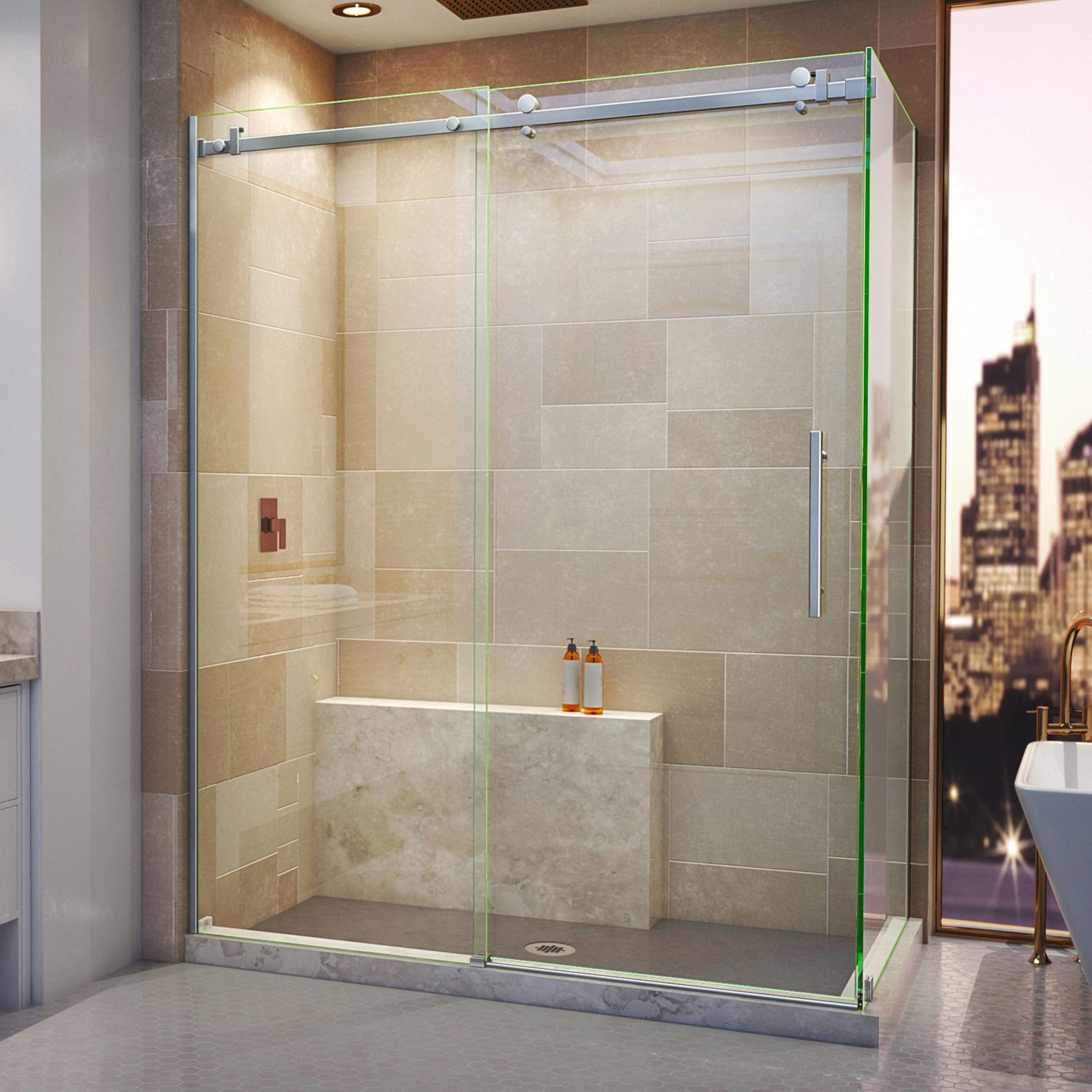 DreamLine SHEN-6434600-07 Enigma Air Brushed Stainless Steel 56-3/8-in to 60-3/8-in W x 76.0-in H Frameless Corner Sliding Shower door 3/8-in Thick Clear Glass