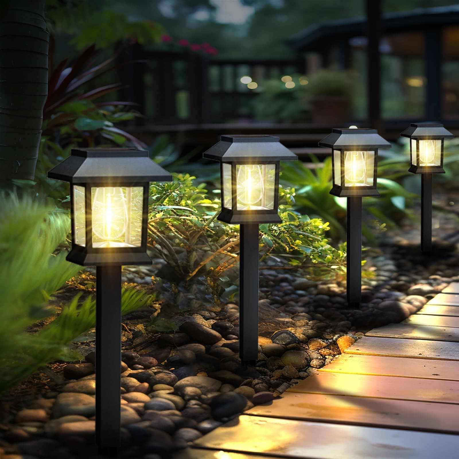 Aoibox - 12 Pack Solar Pathway Lights Outdoor Edison Style LED IP44 Waterproof Auto On Off High ...