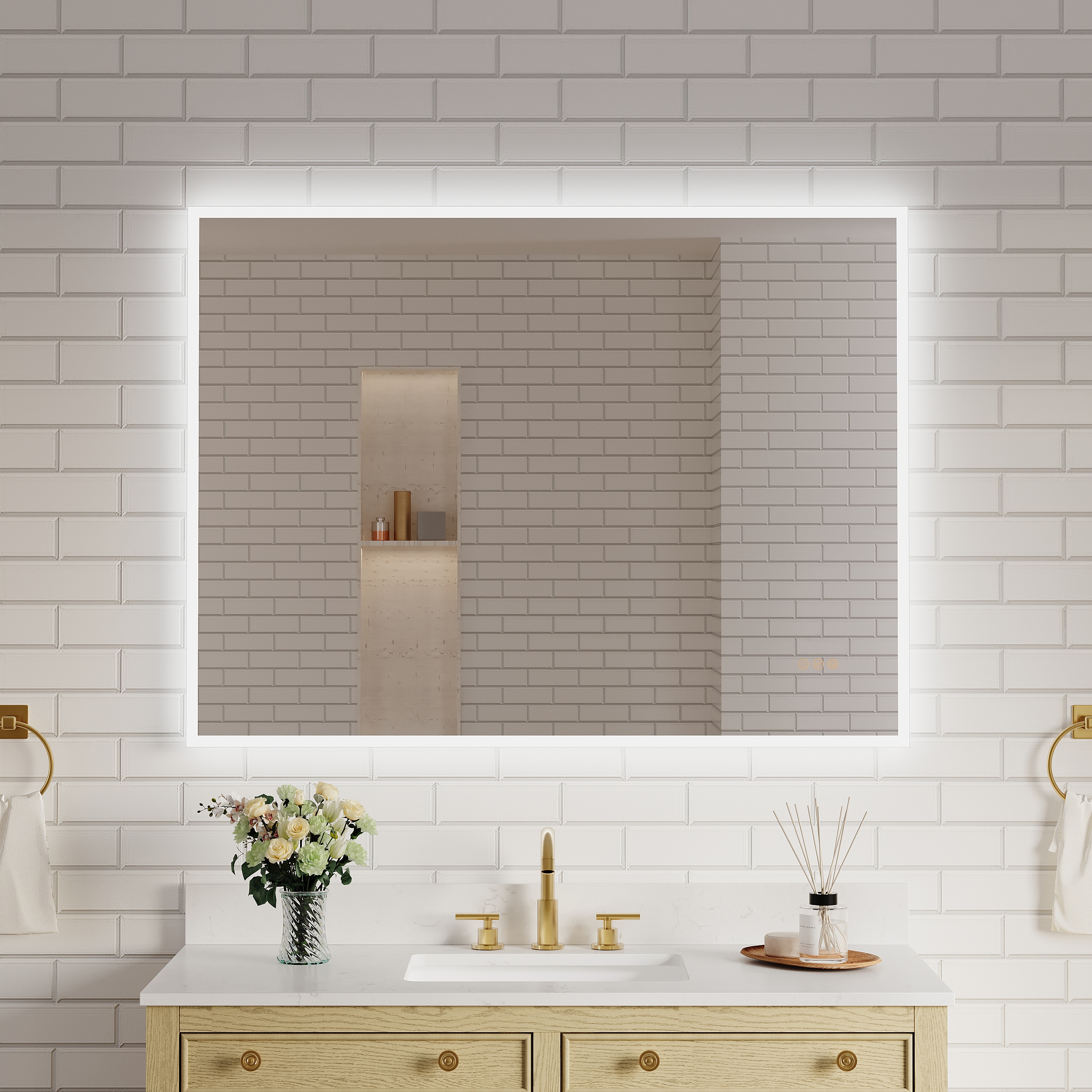 WELLFOR W10MRL4836 KOLE Acrylic LED Mirror 48-in x 36-in Polished Frameless Rectangle Dimmable LED Lighted Fog Free Bathroom Vanity Mirror ( Silver )